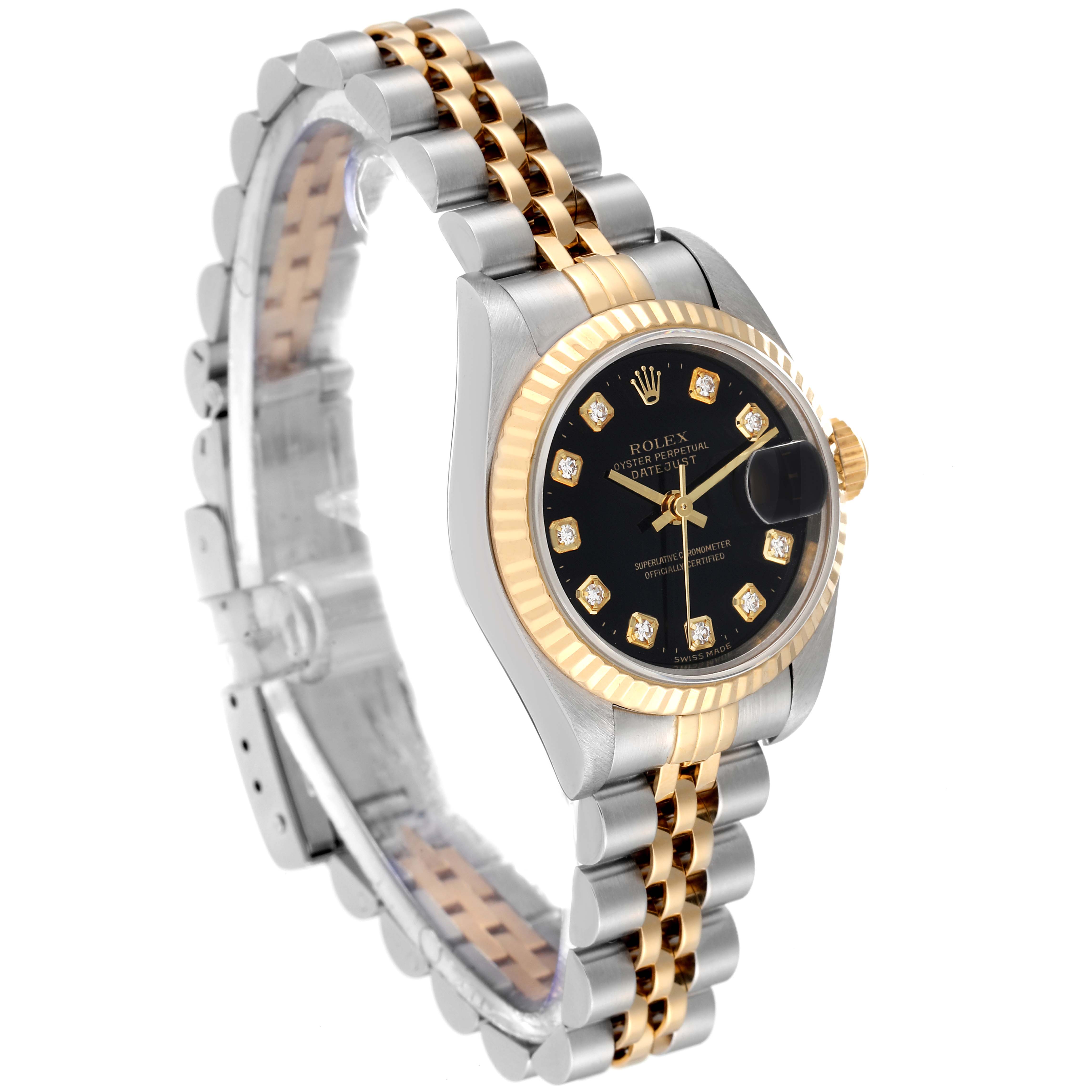 The Rolex Datejust 79173 Women's Steel and Gold (two tone) Black Dial 79173 Women's Steel and Gold (two tone) Black Dial watch is shown at a slight angle, displaying the face, two-tone bracelet, and fluted bezel.