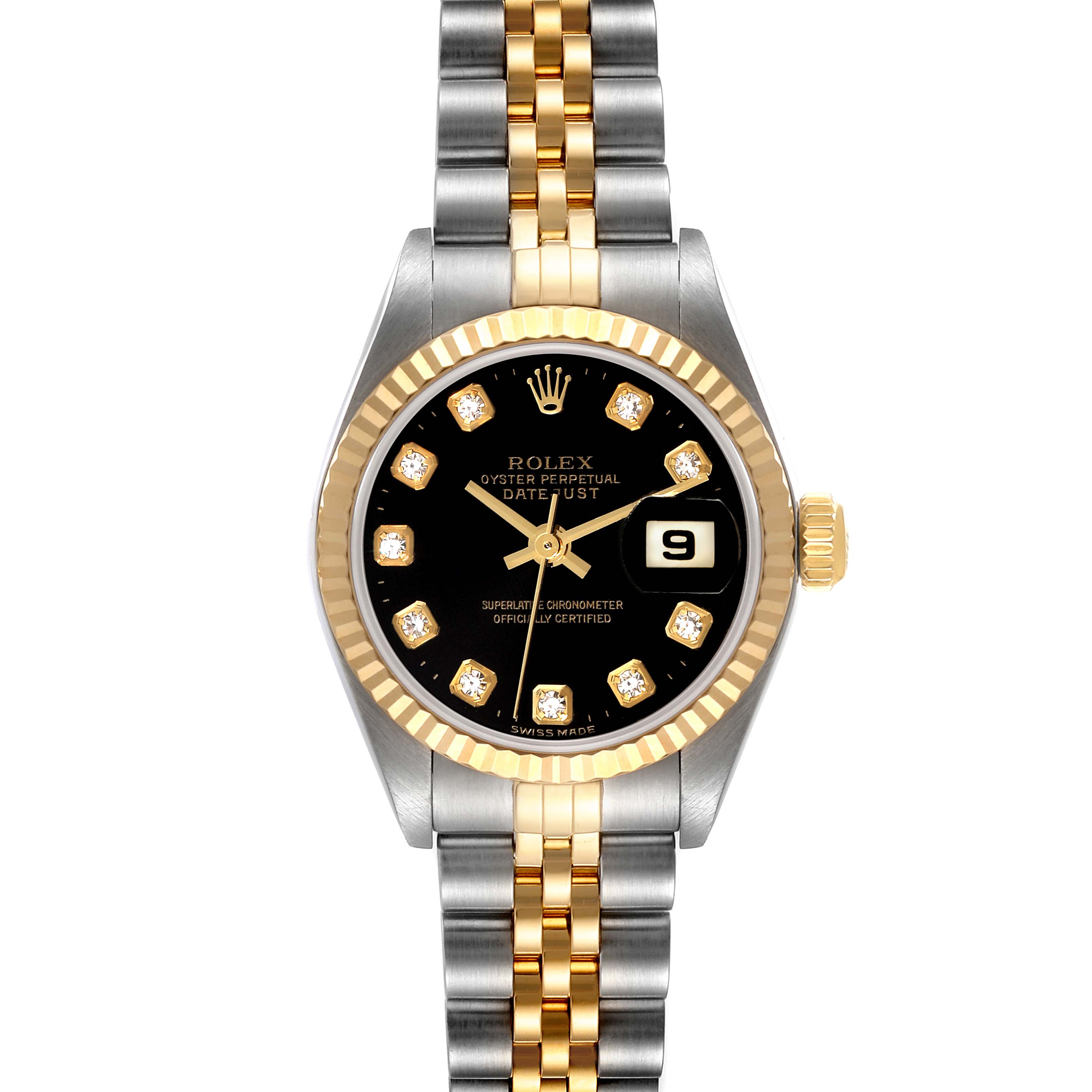 This image shows a front view of a Rolex Datejust 79173 Women's Steel and Gold (two tone) Black Dial 79173 Women's Steel and Gold (two tone) Black Dial watch, featuring a black dial, diamond hour markers, and a two-tone bracelet.