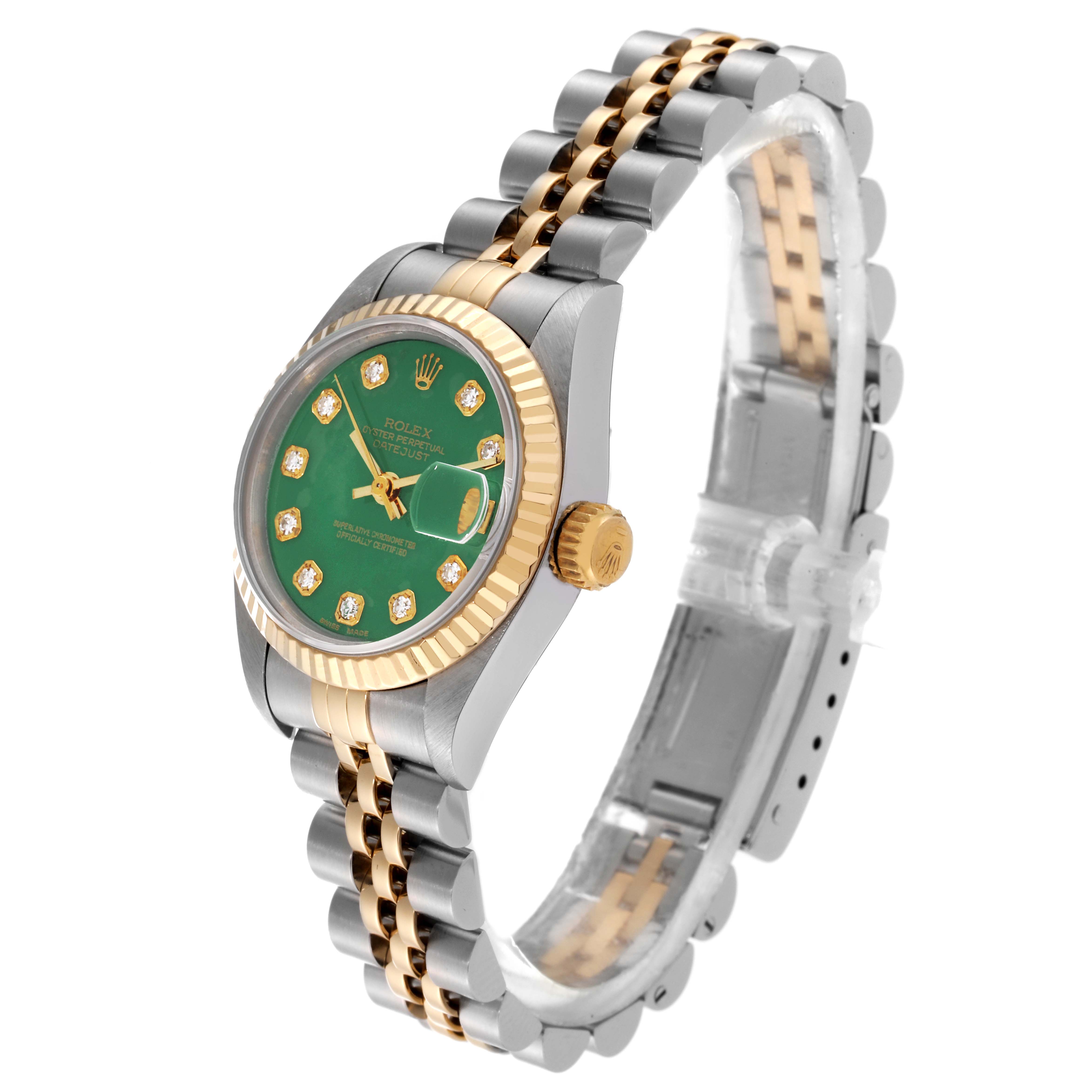 This image shows a Rolex Datejust 69173G Women's Steel and Gold (two tone) Green Dial 69173G Women's Steel and Gold (two tone) Green Dial watch at an angle highlighting its green dial, gold fluted bezel, and two-tone bracelet.