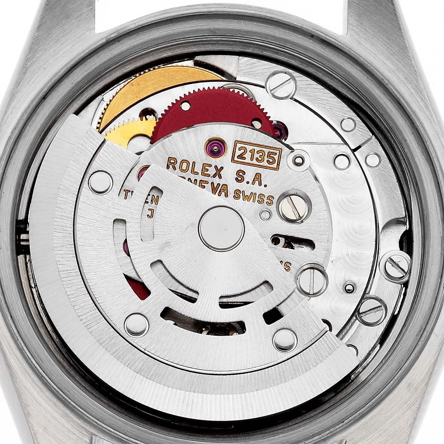 This is a close-up view of the Rolex Datejust 69173G Women's Steel and Gold (two tone) Green Dial 69173G Women's Steel and Gold (two tone) Green Dial movement mechanism from the back of the watch, showcasing the internal gears and components.