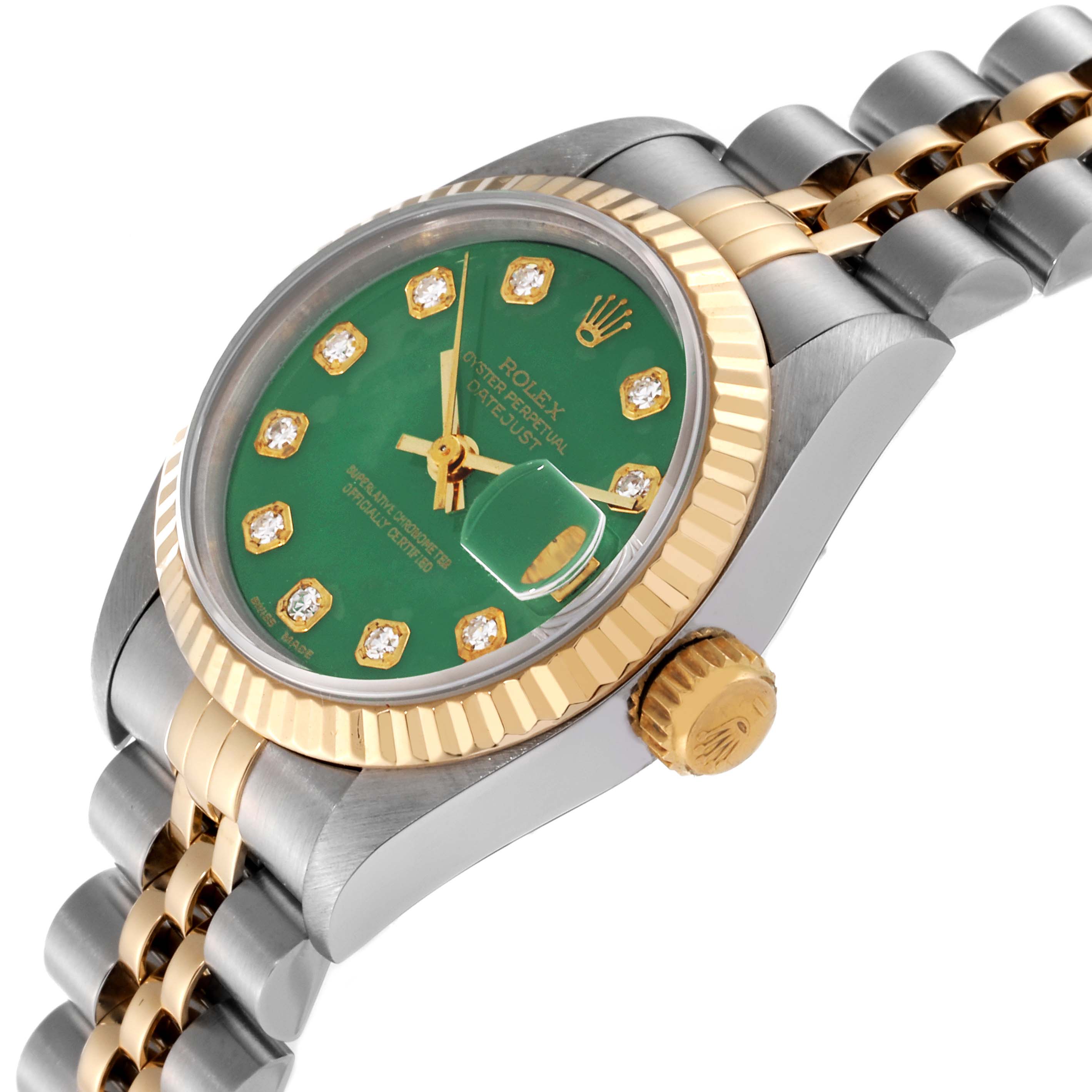 The image shows a side perspective of a Rolex Datejust 69173G Women's Steel and Gold (two tone) Green Dial 69173G Women's Steel and Gold (two tone) Green Dial watch, highlighting its green dial, diamond markers, and stainless steel and gold bracelet.
