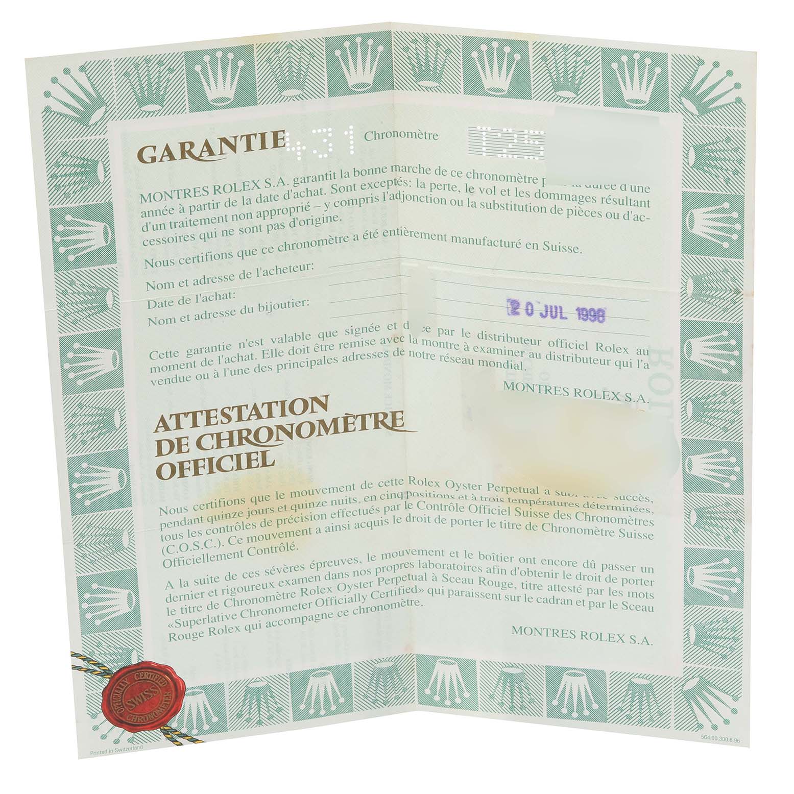 This image shows a warranty certificate for a Rolex Datejust 69173G Women's Steel and Gold (two tone) Green Dial 69173G Women's Steel and Gold (two tone) Green Dial model, displayed unfolded with green borders and text.