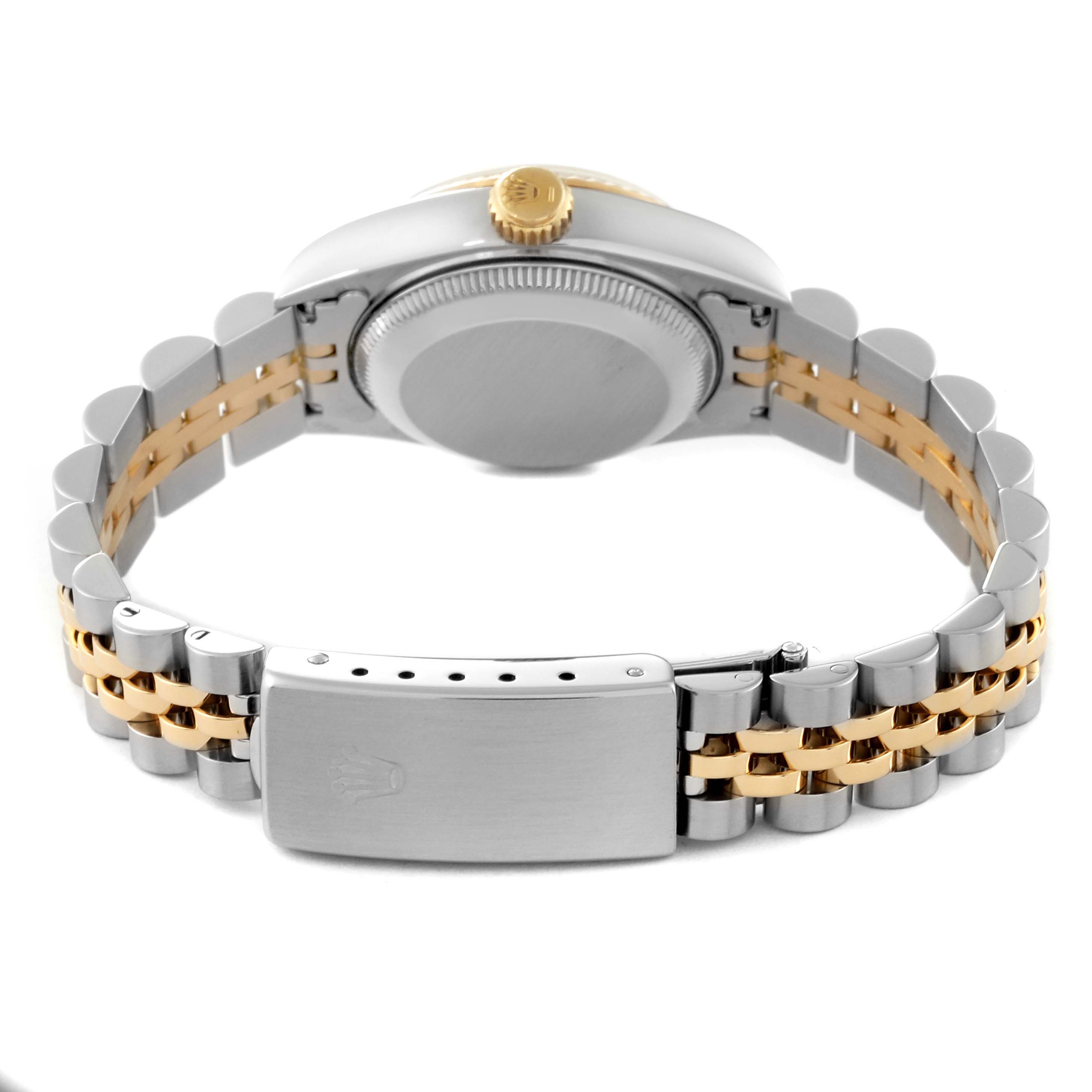 The image shows the back view of a Rolex Datejust 69173G Women's Steel and Gold (two tone) Green Dial 69173G Women's Steel and Gold (two tone) Green Dial watch, highlighting its two-tone bracelet and clasp.
