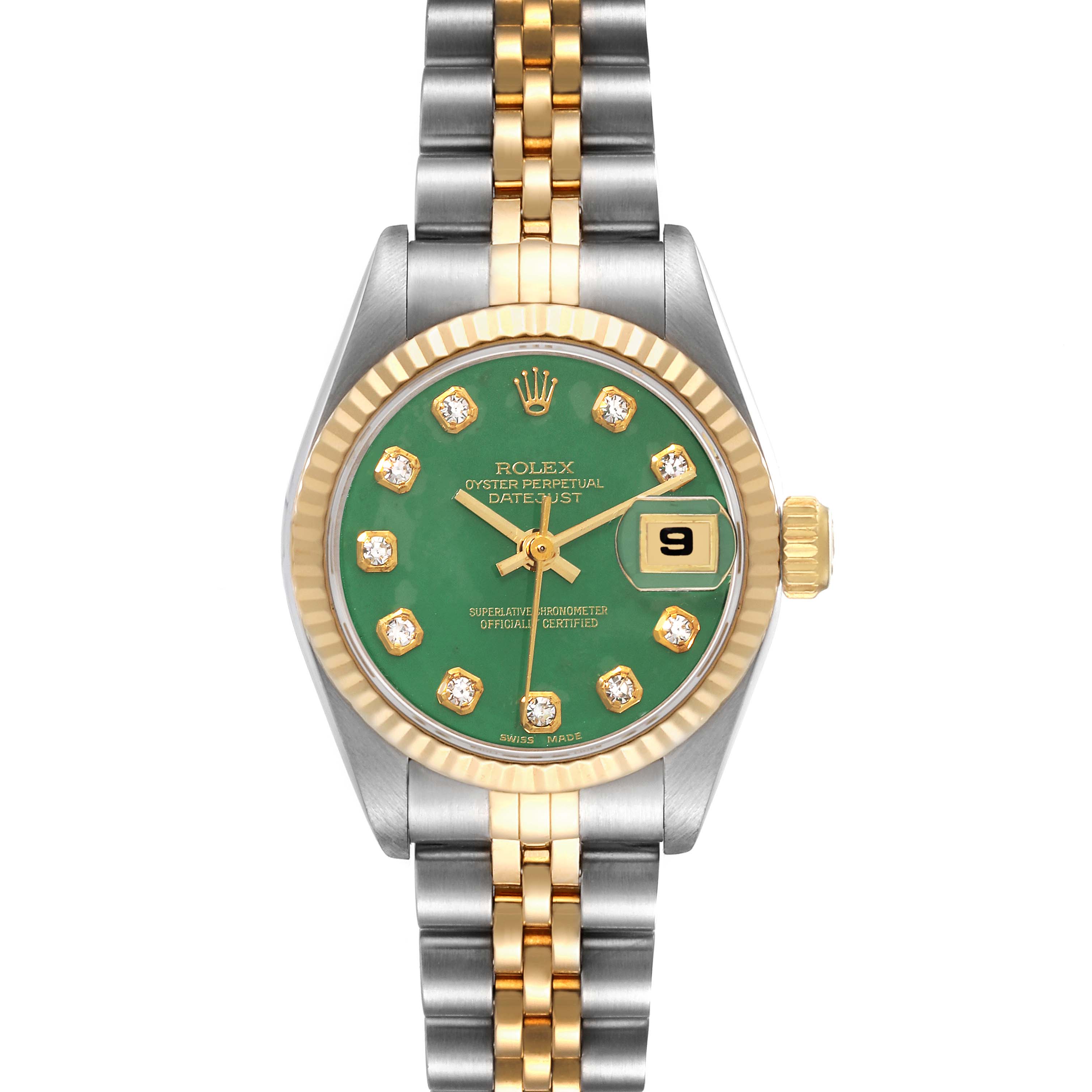 The image shows a Rolex Datejust 69173G Women's Steel and Gold (two tone) Green Dial 69173G Women's Steel and Gold (two tone) Green Dial watch from a front angle, highlighting the dial, bezel, and bracelet.