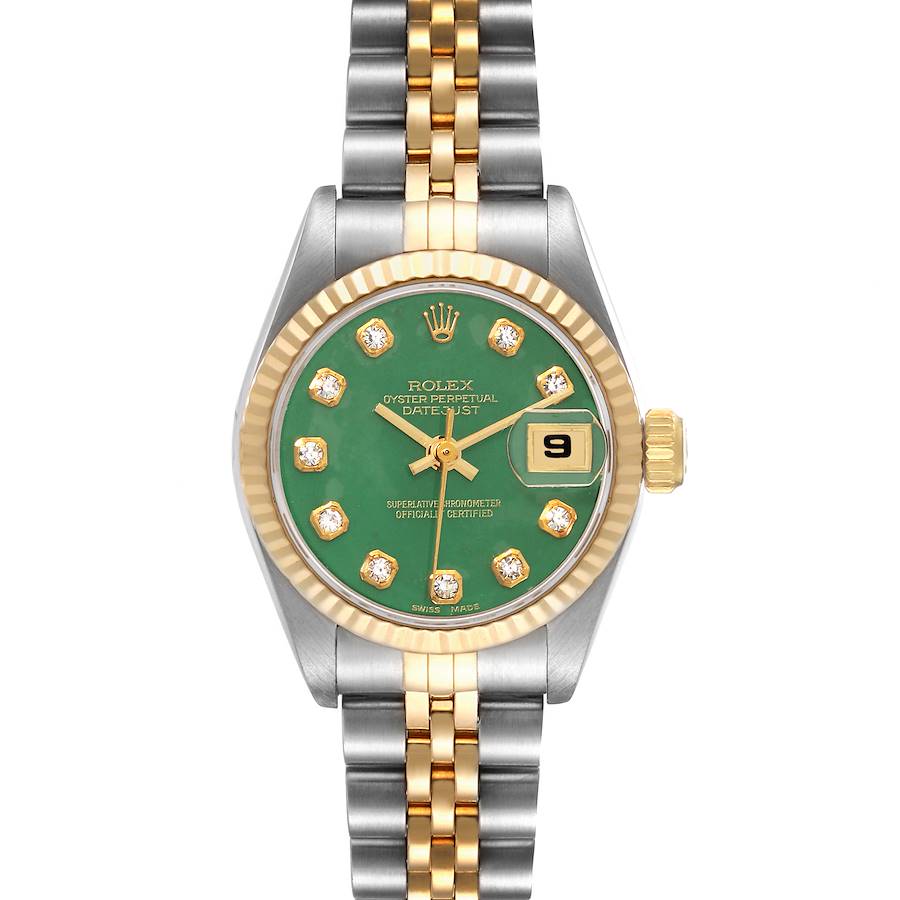 The image shows a Rolex Datejust watch from a front angle, highlighting the dial, bezel, and bracelet.