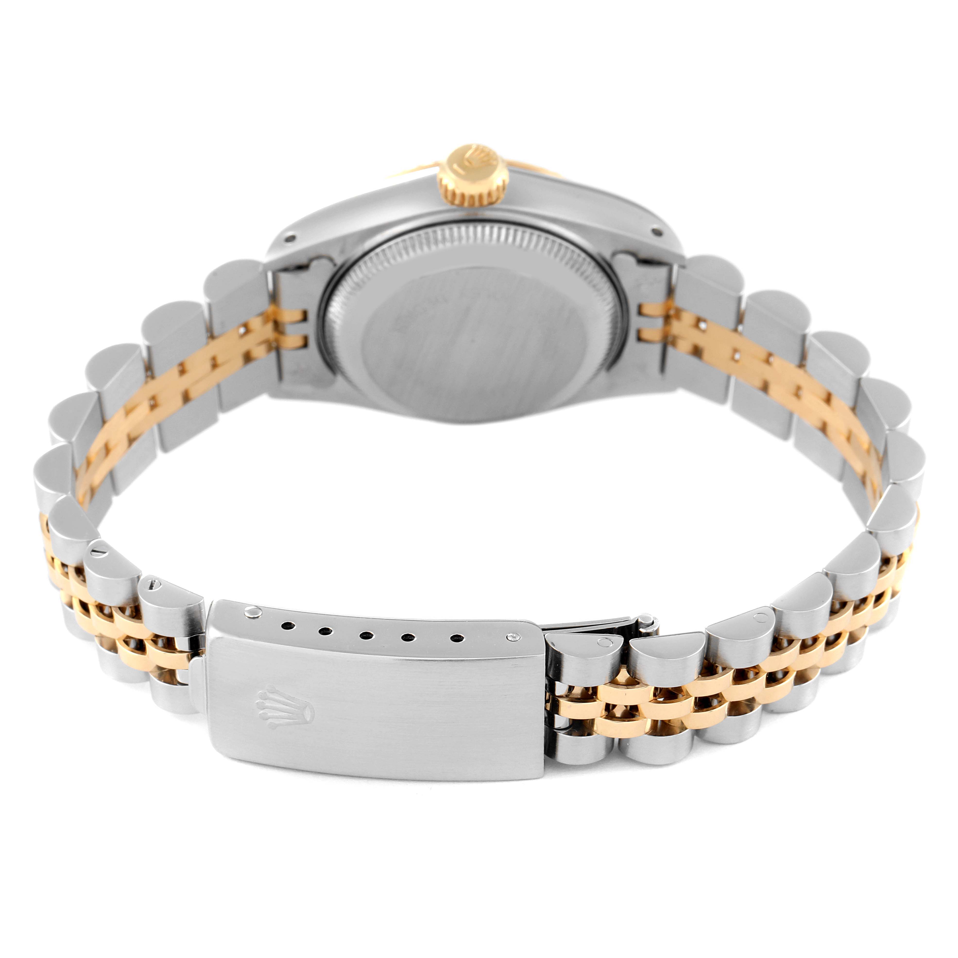 This image shows the back view of a Rolex Datejust 69173 Women
s Steel and Gold (two tone) Champagne Dial 69173 Women
s Steel and Gold (two tone) Champagne Dial watch, featuring its bracelet and clasp.