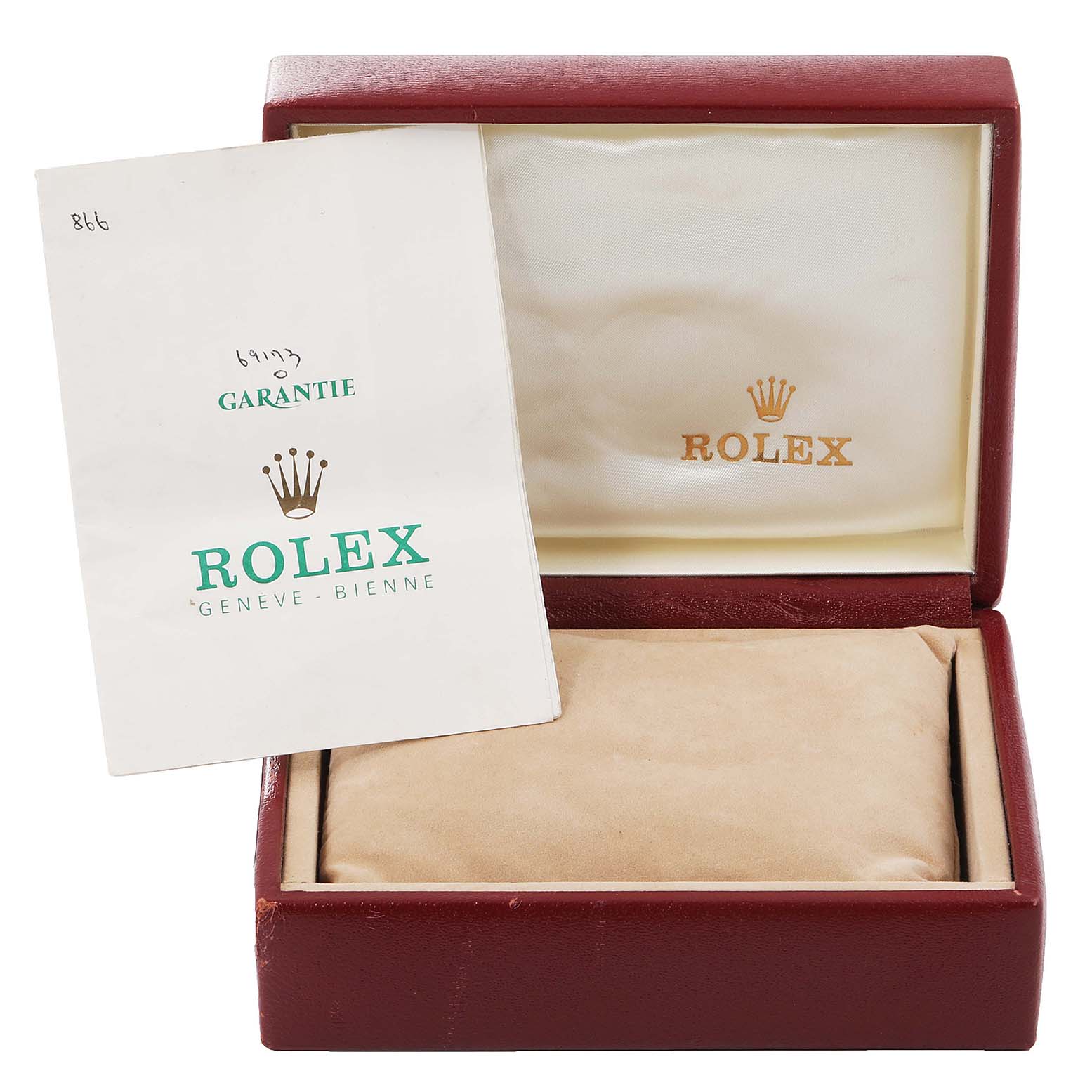 The image shows a Rolex Datejust 69173 Women
s Steel and Gold (two tone) Champagne Dial 69173 Women
s Steel and Gold (two tone) Champagne Dial model watch box and a warranty booklet partially inserted inside.