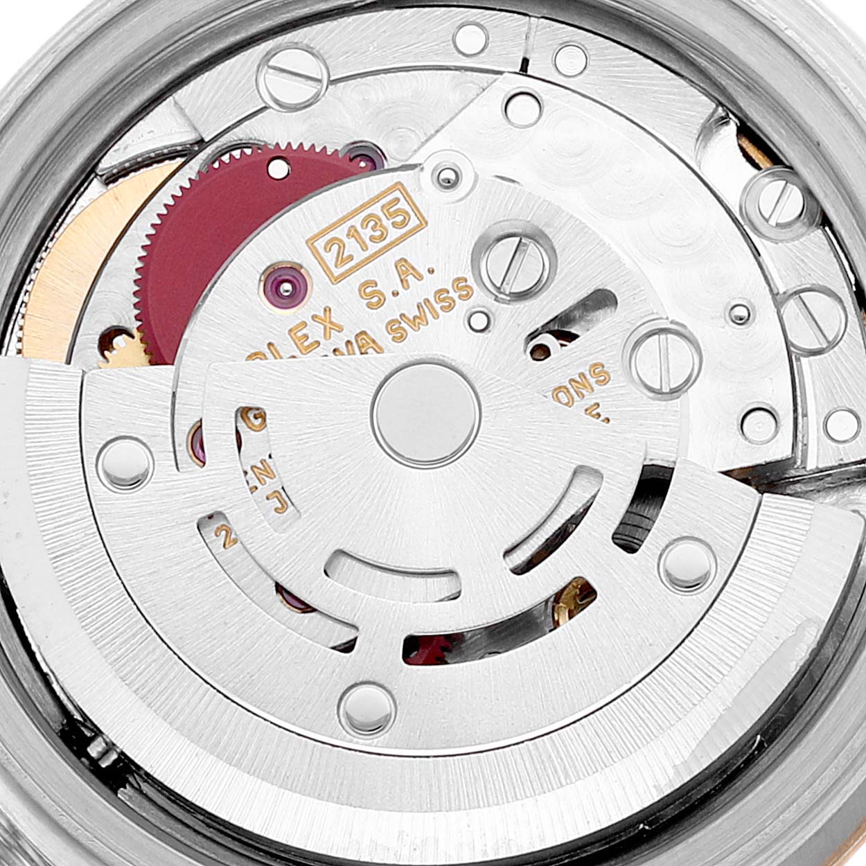 This image shows the inner mechanical movement of a Rolex Datejust 69173 Women
s Steel and Gold (two tone) Champagne Dial 69173 Women
s Steel and Gold (two tone) Champagne Dial watch from a close-up angle.