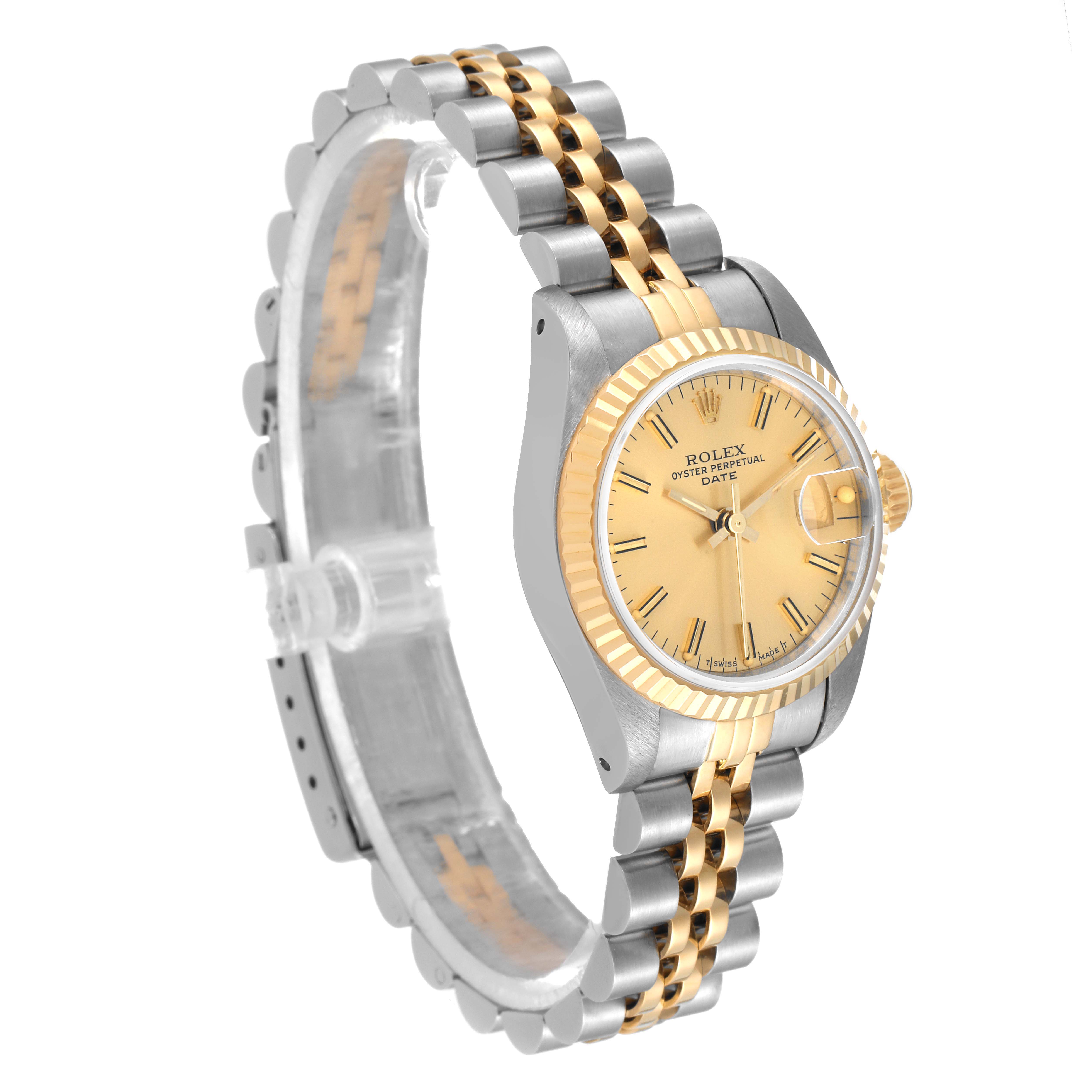 This image shows a side angle of a Rolex Datejust 69173 Women
s Steel and Gold (two tone) Champagne Dial 69173 Women
s Steel and Gold (two tone) Champagne Dial watch, highlighting its two-tone bracelet and champagne-colored dial.