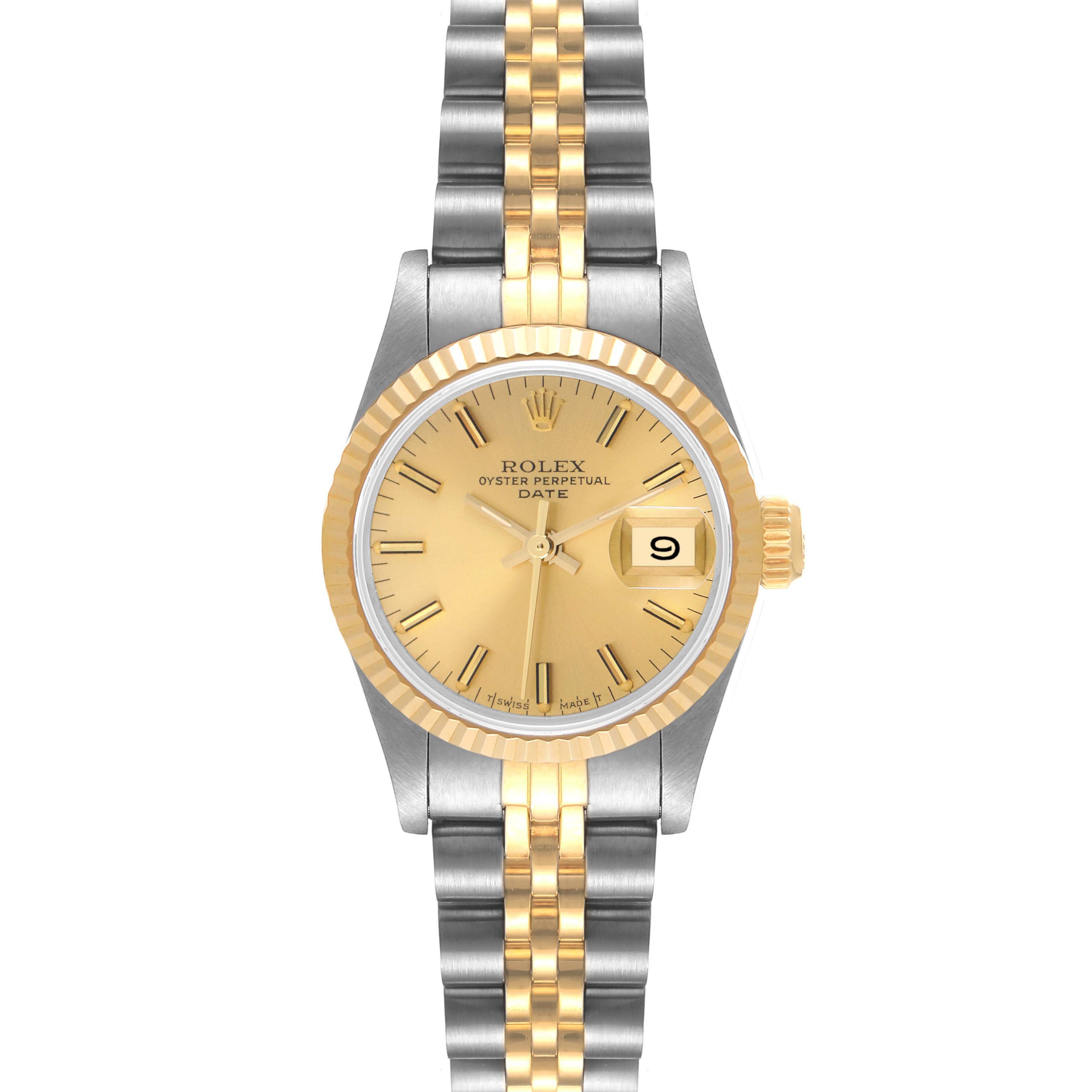 The image shows the Rolex Datejust 69173 Women
s Steel and Gold (two tone) Champagne Dial 69173 Women
s Steel and Gold (two tone) Champagne Dial watch from a top-down angle, highlighting the face, bezel, and bracelet.