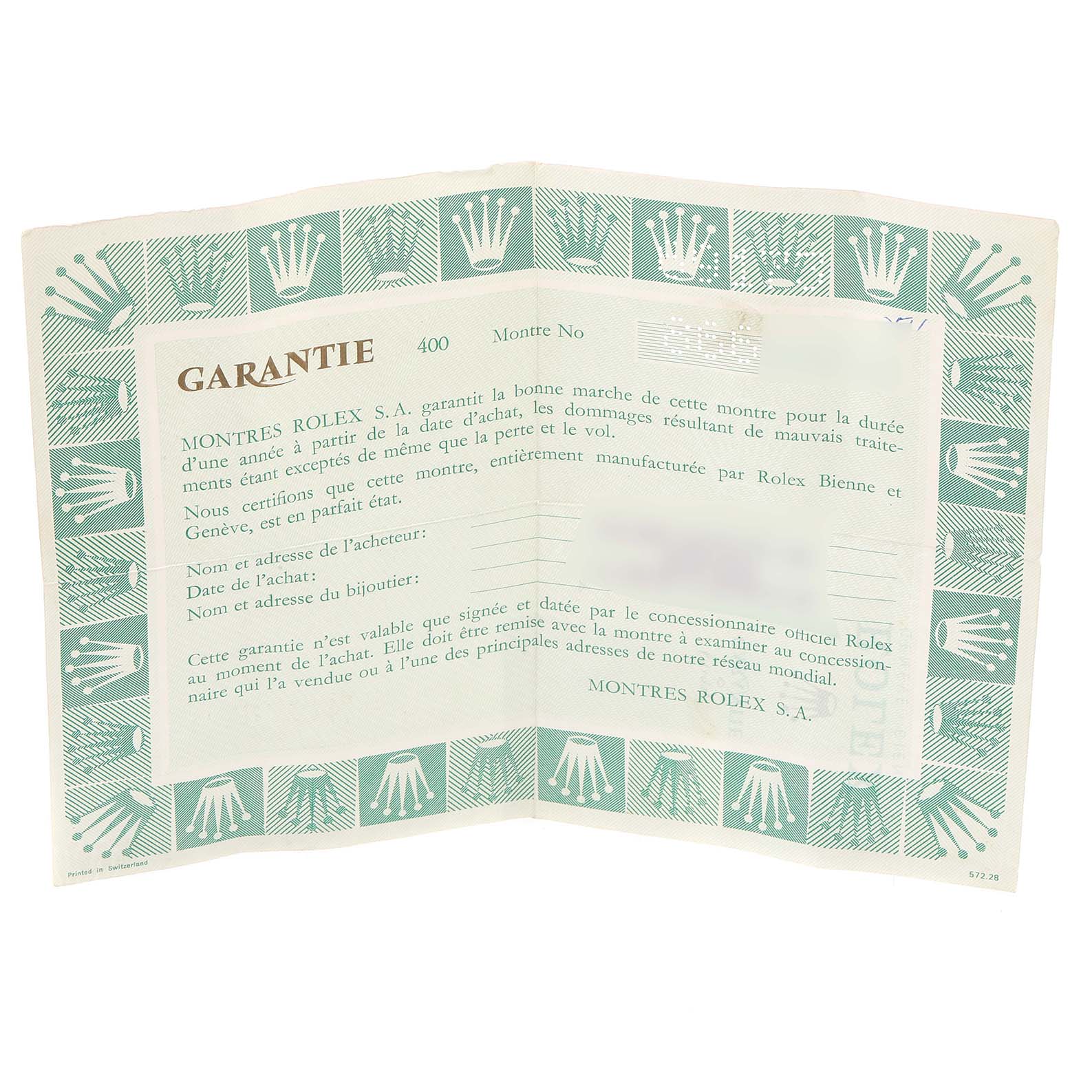 The image shows the warranty card booklet for the Rolex Datejust 69173 Women
s Steel and Gold (two tone) Champagne Dial 69173 Women
s Steel and Gold (two tone) Champagne Dial model, photographed flat and open.