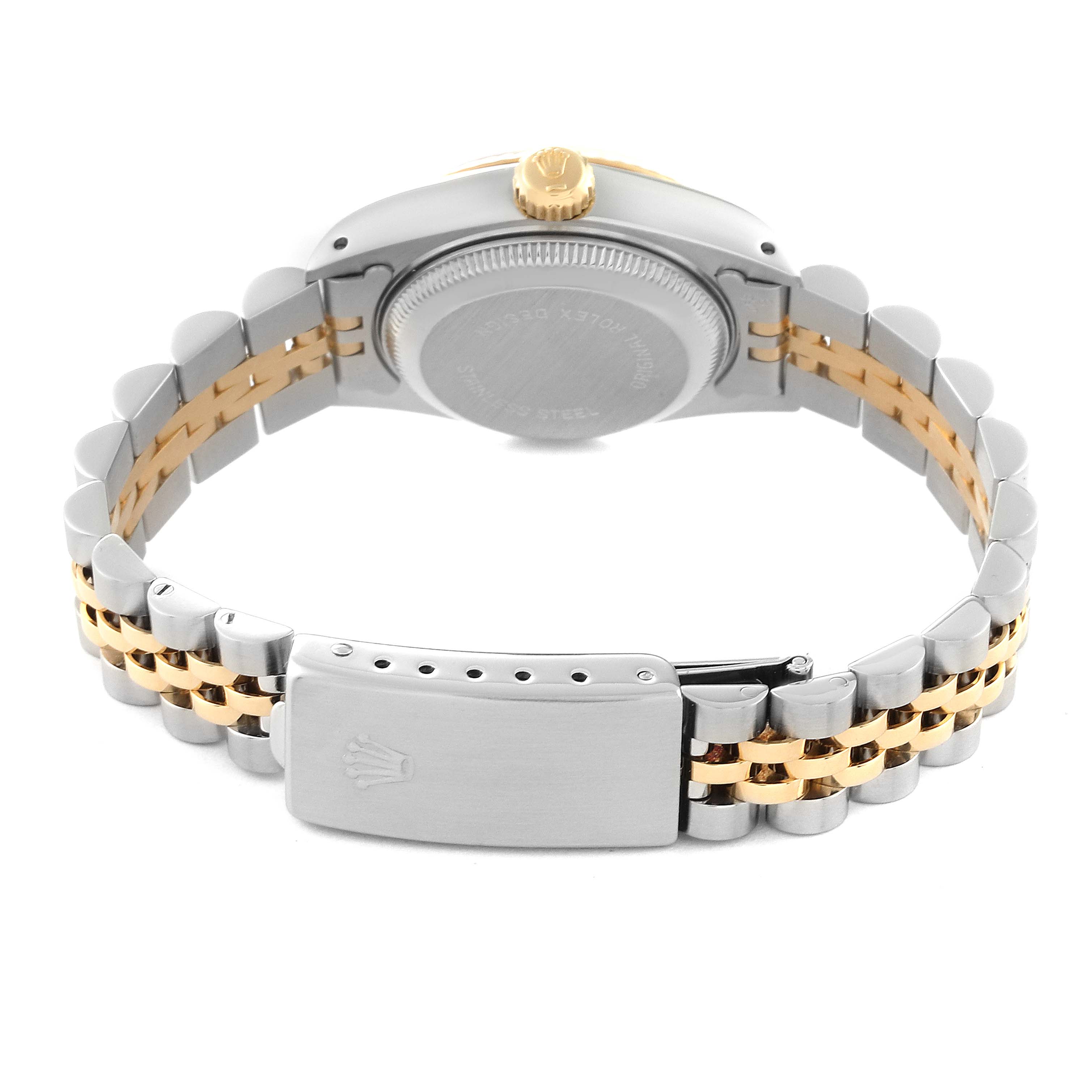 The image shows the back and clasp of a Rolex Datejust 69173 Women's Steel and Gold (two tone) Champagne Dial 69173 Women's Steel and Gold (two tone) Champagne Dial watch, highlighting its bi-metal bracelet.