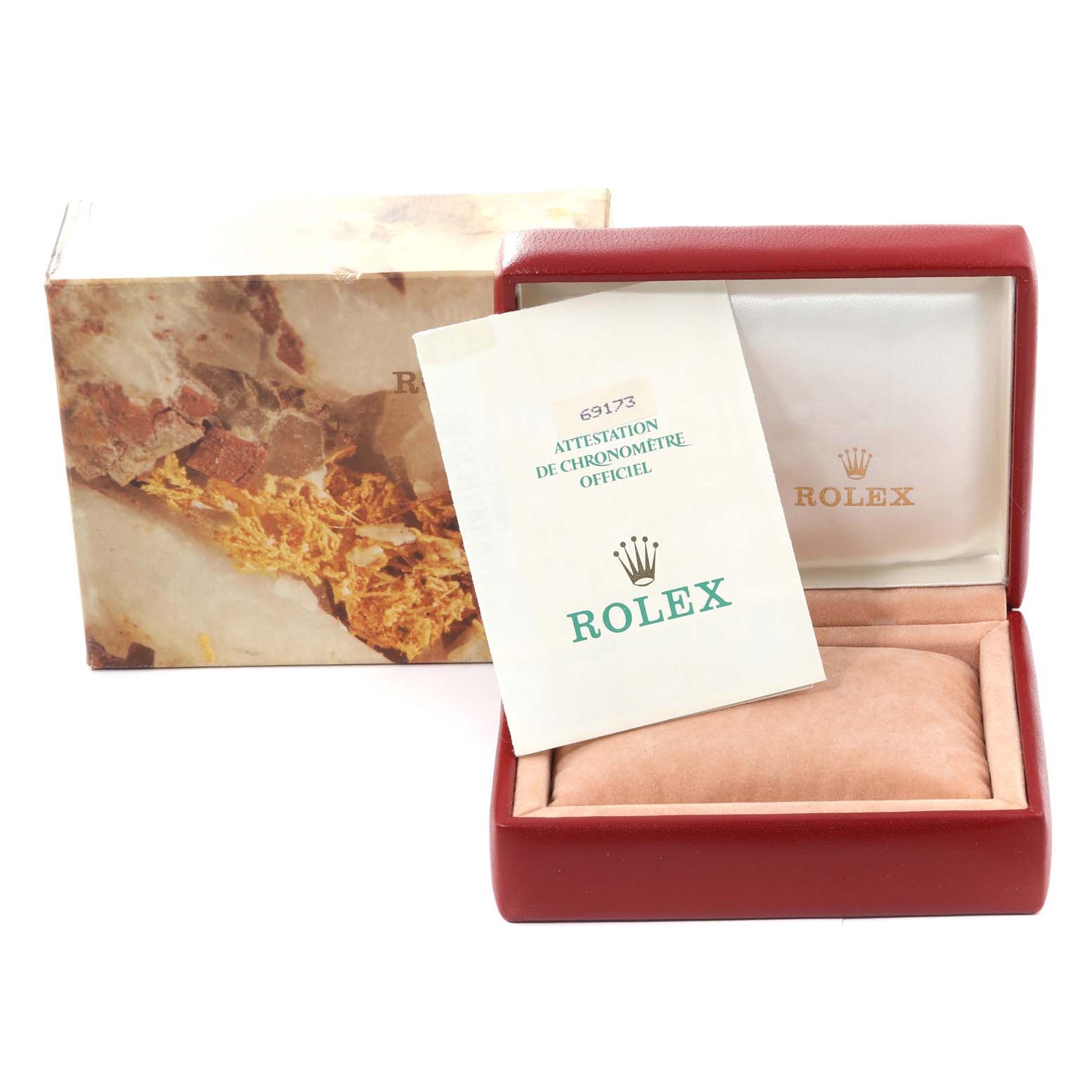 The image shows the box and authentication papers for a Rolex Datejust 69173 Women's Steel and Gold (two tone) Champagne Dial 69173 Women's Steel and Gold (two tone) Champagne Dial model, with the watch box open and papers partially displayed.