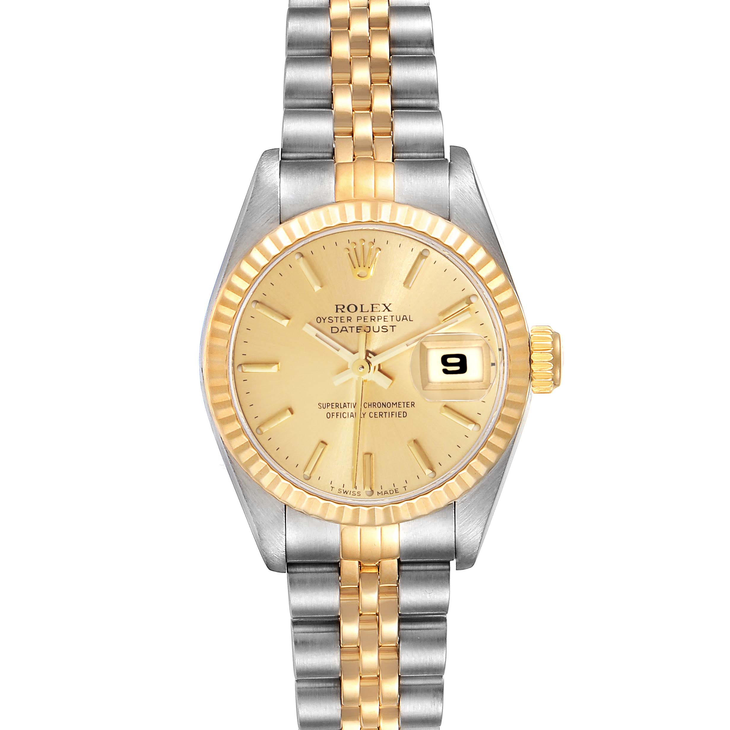 The image shows a Rolex Datejust 69173 Women's Steel and Gold (two tone) Champagne Dial 69173 Women's Steel and Gold (two tone) Champagne Dial watch from a direct front view, highlighting its face, bezel, crown, and two-tone metal bracelet.