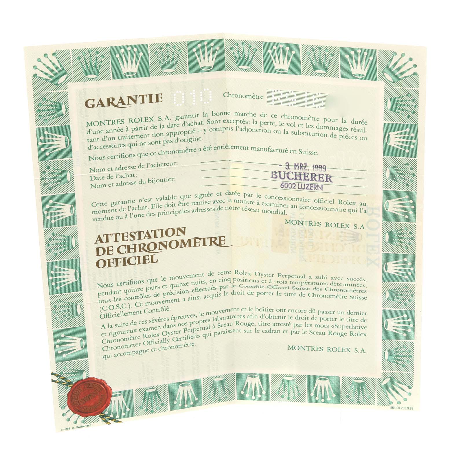 The image shows the warranty certificate for a Rolex Datejust 69173 Women's Steel and Gold (two tone) Champagne Dial 69173 Women's Steel and Gold (two tone) Champagne Dial watch, featuring a green border with the iconic crown logos.