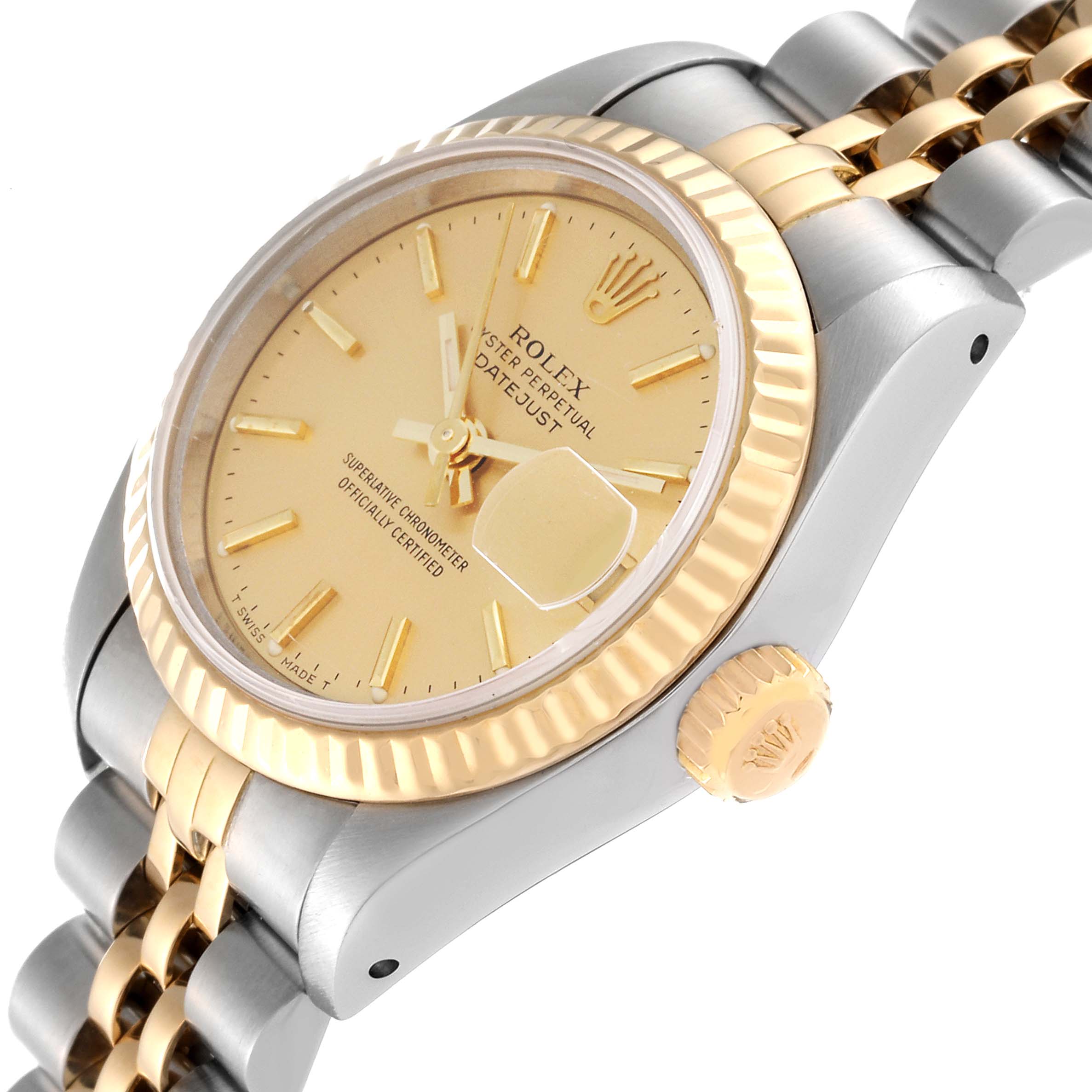 The image shows a close-up angle of a Rolex Datejust 69173 Women's Steel and Gold (two tone) Champagne Dial 69173 Women's Steel and Gold (two tone) Champagne Dial watch, highlighting its gold dial, bezel, crown, and two-tone bracelet.