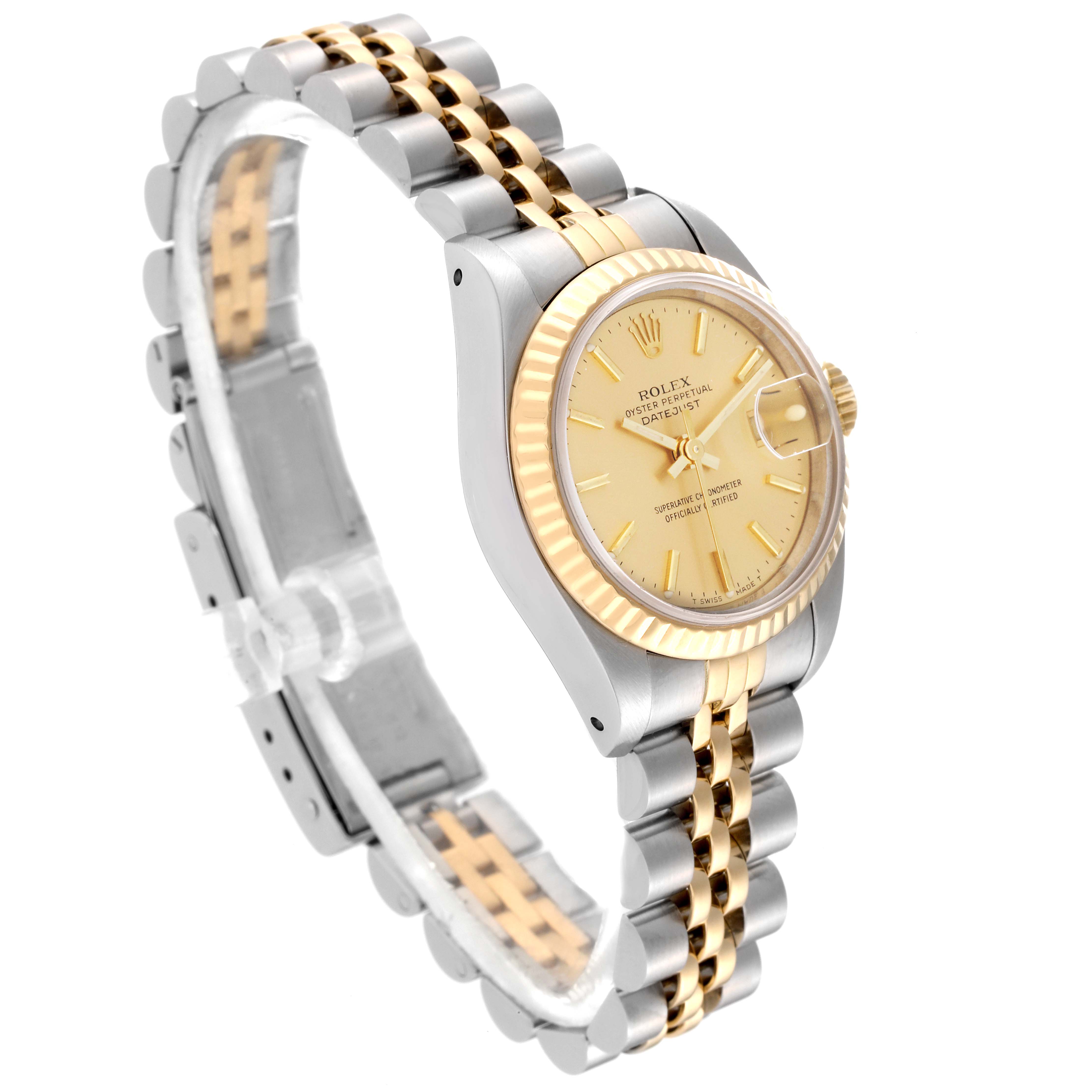 This image shows a side view of a Rolex Datejust 69173 Women's Steel and Gold (two tone) Champagne Dial 69173 Women's Steel and Gold (two tone) Champagne Dial watch, highlighting its bezel, dial, and two-tone bracelet.