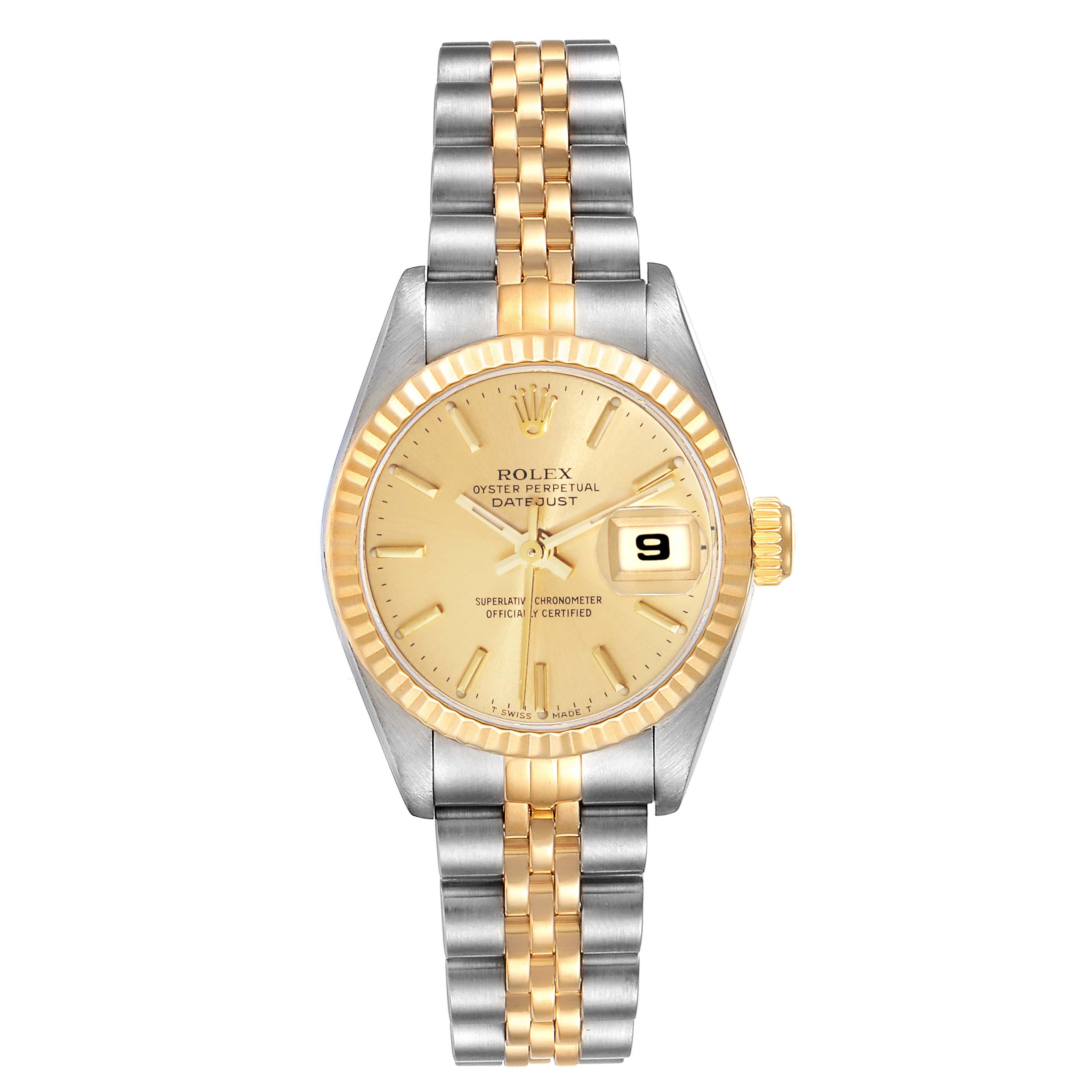 This image shows a front view of a Rolex Datejust 69173 Women's Steel and Gold (two tone) Champagne Dial 69173 Women's Steel and Gold (two tone) Champagne Dial watch, displaying the dial, bezel, and bracelet.