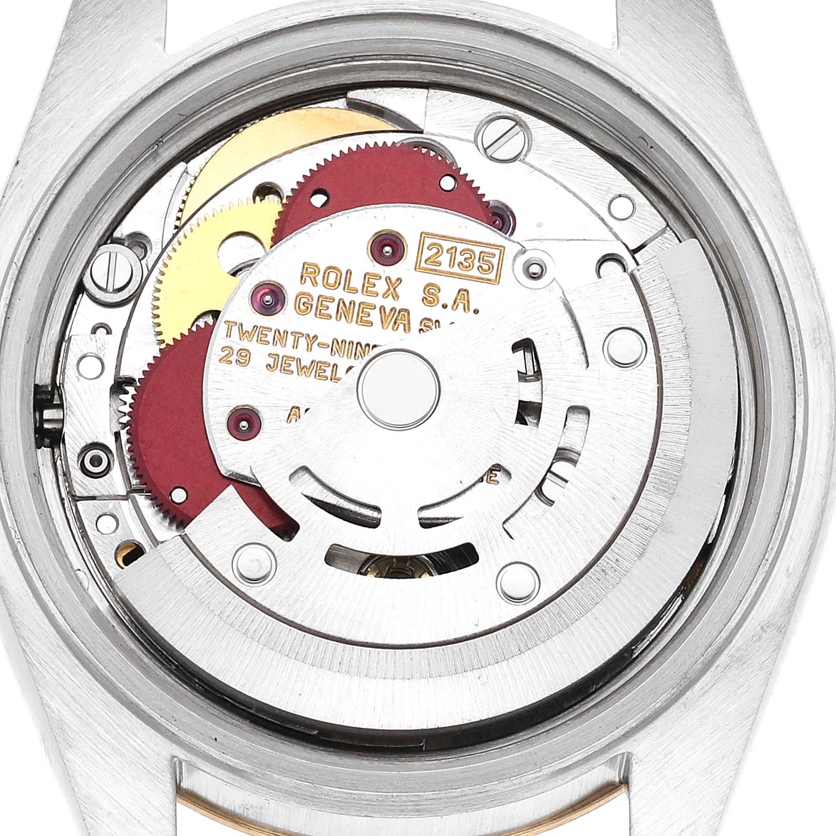 The image shows the internal mechanism and movement parts of a Rolex Datejust 69173 Women's Steel and Gold (two tone) Champagne Dial 69173 Women's Steel and Gold (two tone) Champagne Dial watch from a top-down angle.