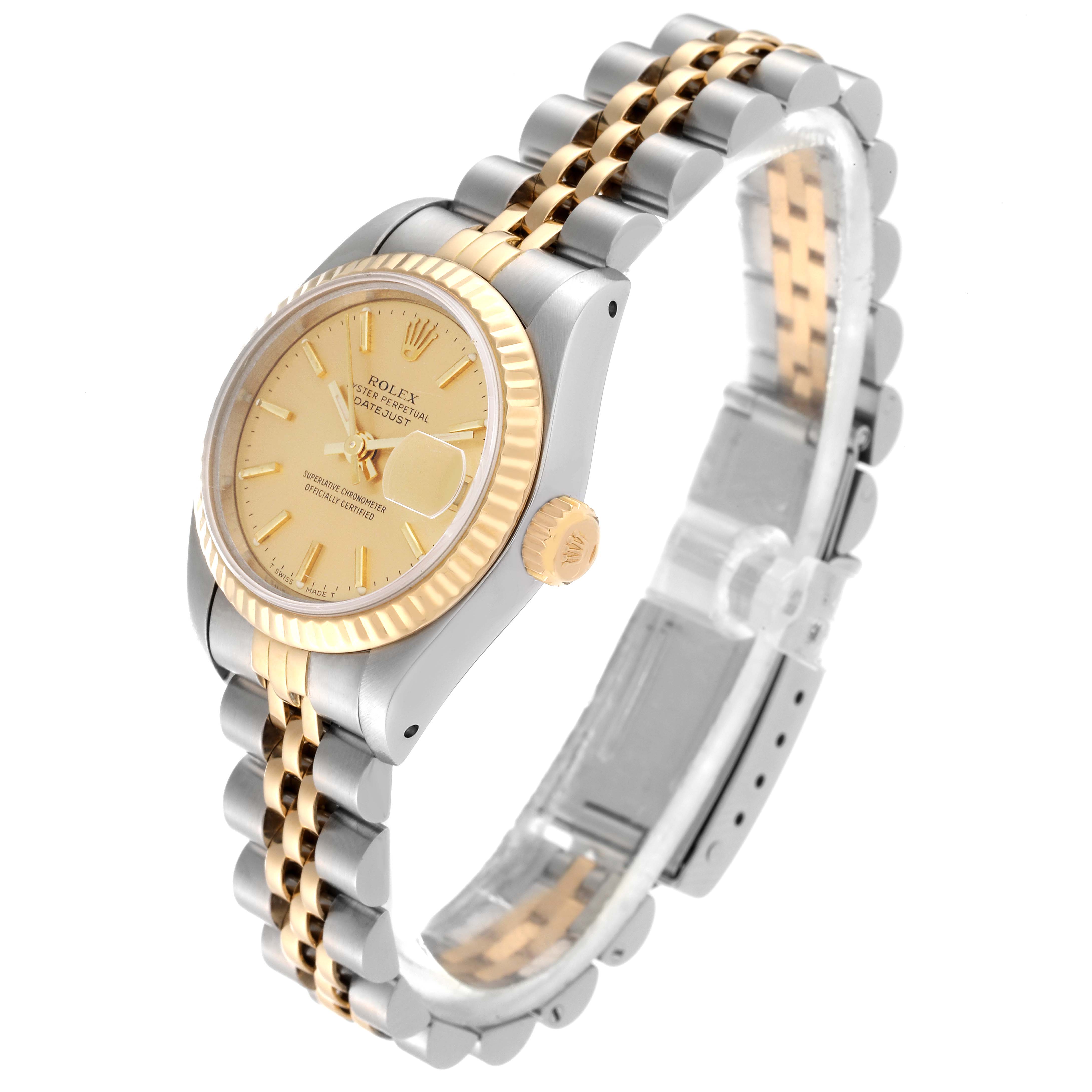 The Rolex Datejust 69173 Women's Steel and Gold (two tone) Champagne Dial 69173 Women's Steel and Gold (two tone) Champagne Dial watch is shown at a slight angle displaying its dial, bezel, crown, and two-tone bracelet.