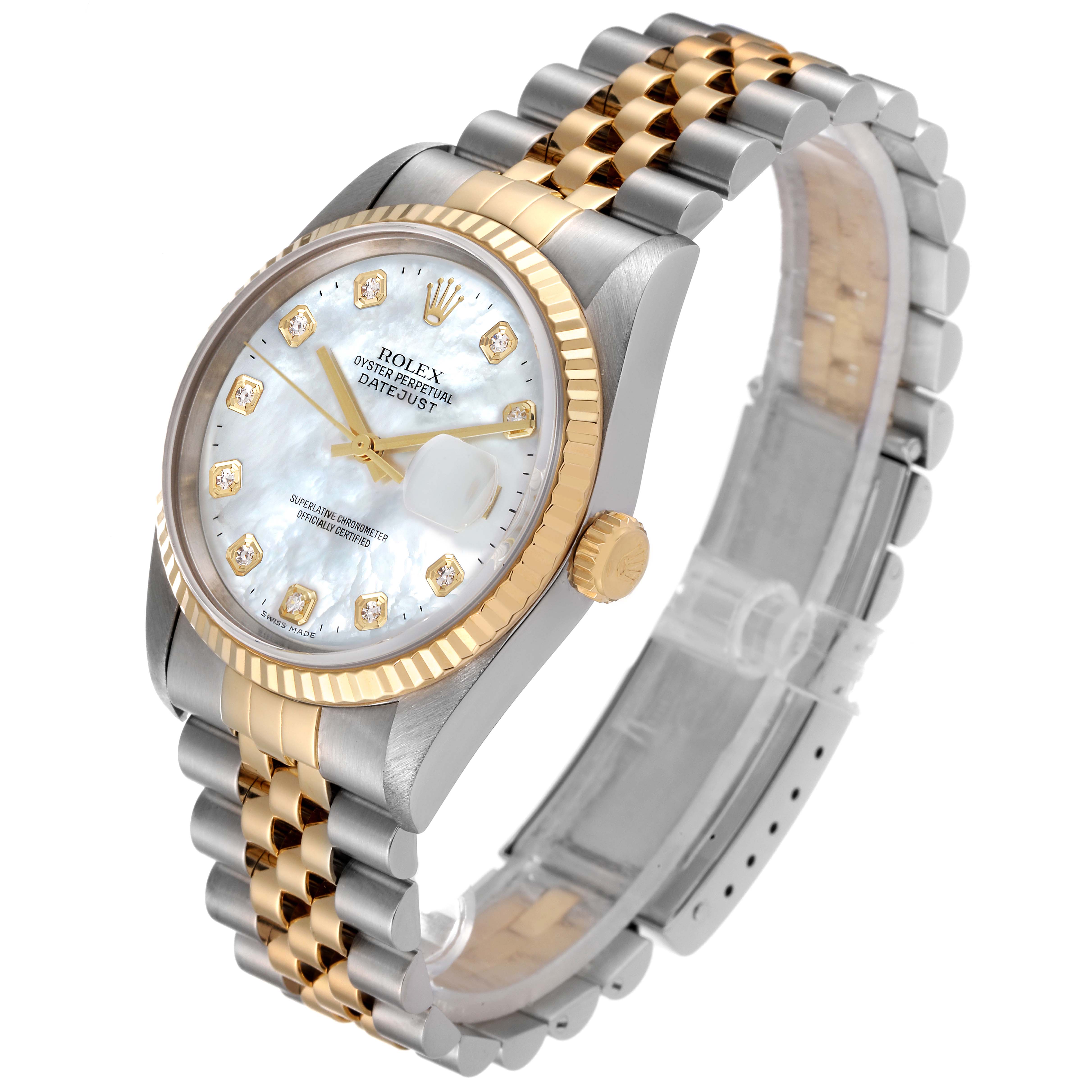 The Rolex Datejust 16233 Men's Steel and Gold (two tone) Mother of Pearl Dial 16233 Men's Steel and Gold (two tone) Mother of Pearl Dial watch is shown at a three-quarter angle, highlighting its bezel, dial, and two-tone bracelet.