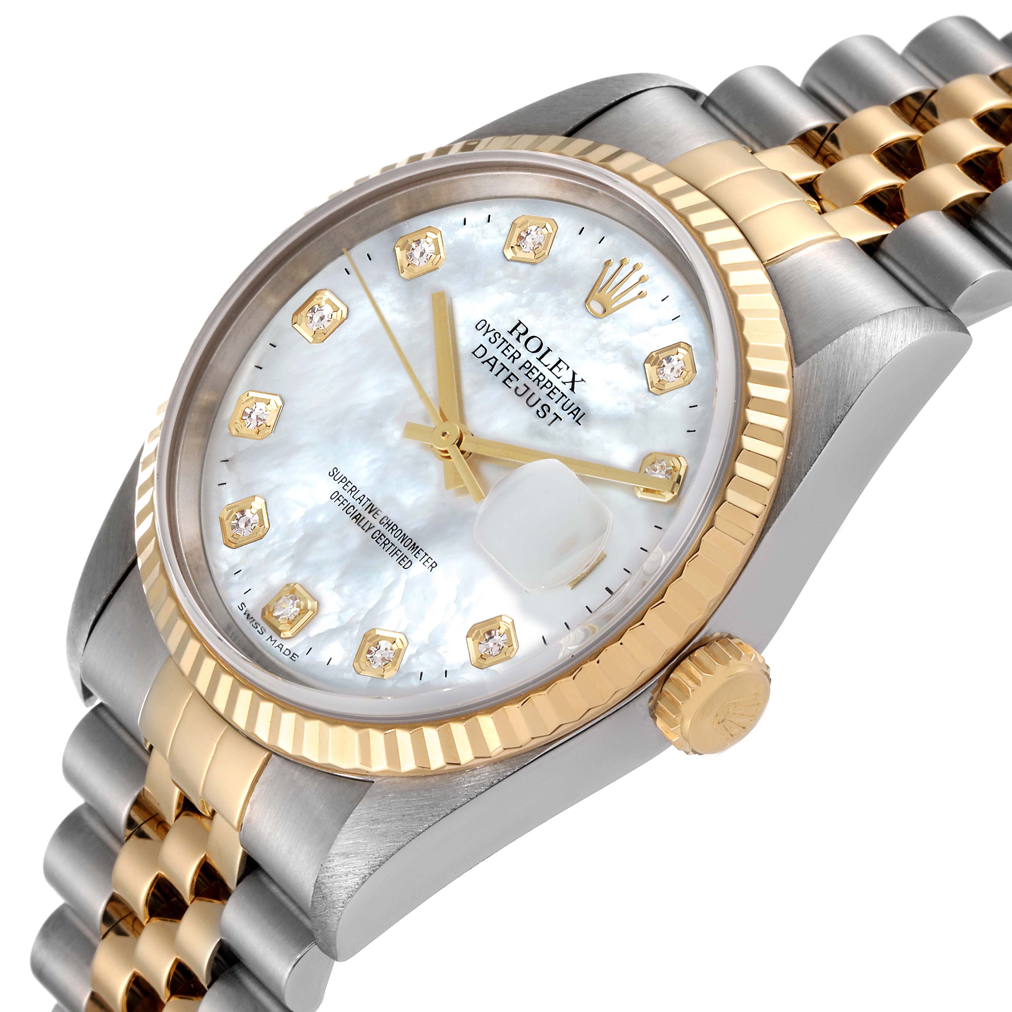 The Rolex Datejust 16233 Men's Steel and Gold (two tone) Mother of Pearl Dial 16233 Men's Steel and Gold (two tone) Mother of Pearl Dial watch is shown at a slight angle, highlighting its face, crown, and part of the two-tone bracelet.