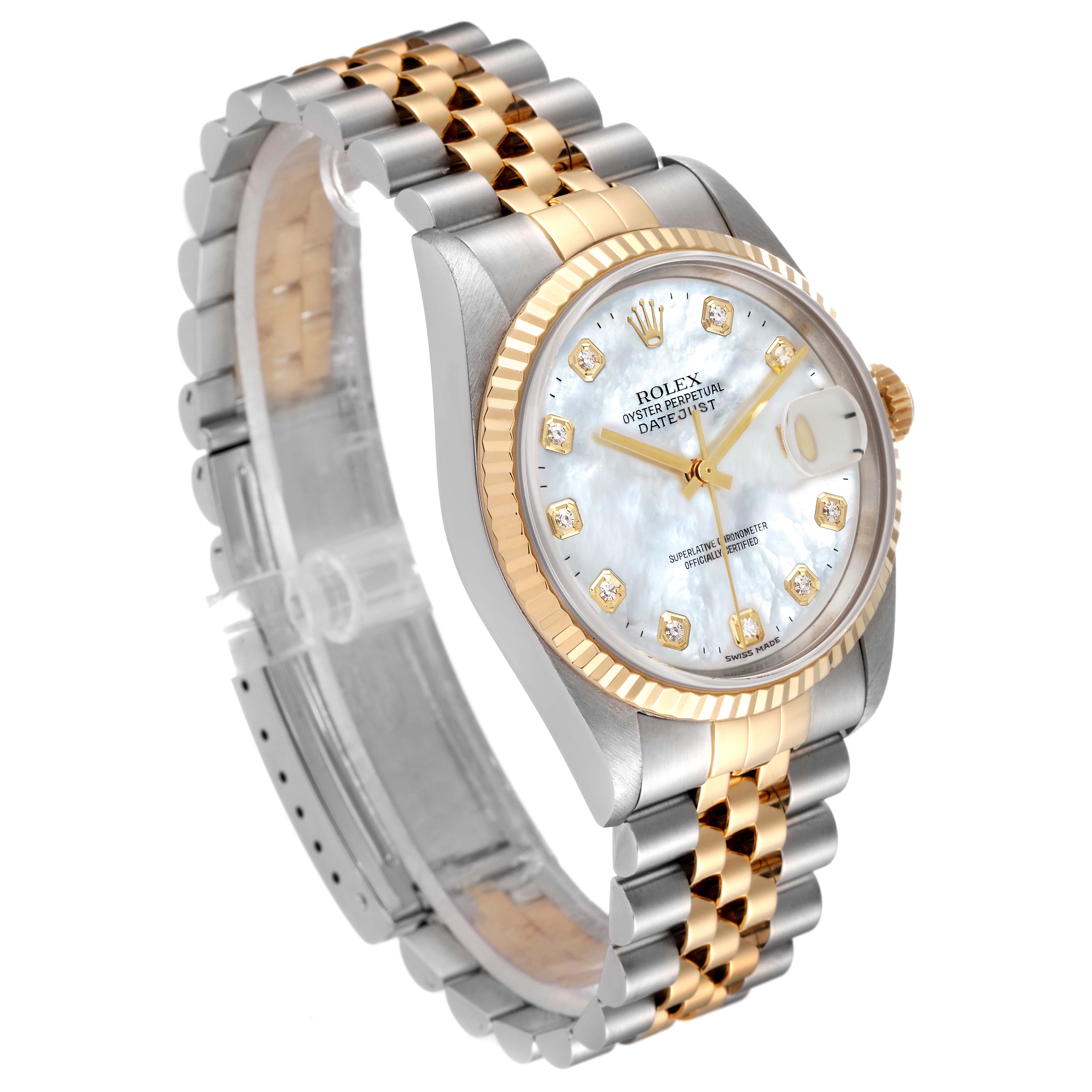 The image shows a Rolex Datejust 16233 Men's Steel and Gold (two tone) Mother of Pearl Dial 16233 Men's Steel and Gold (two tone) Mother of Pearl Dial watch at a 3/4 angle, highlighting the dial, bezel, crown, and two-tone bracelet.