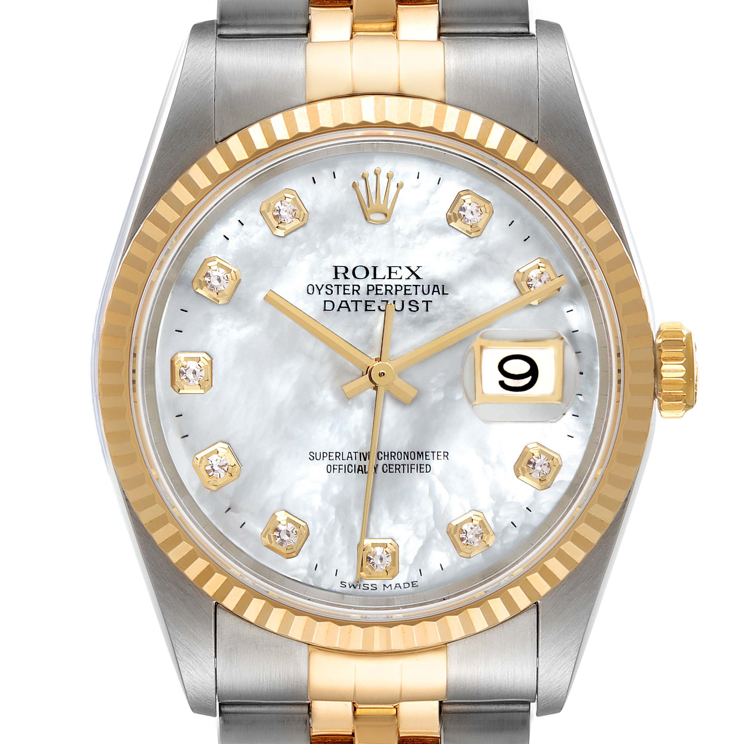 This image shows a frontal view of a Rolex Datejust 16233 Men's Steel and Gold (two tone) Mother of Pearl Dial 16233 Men's Steel and Gold (two tone) Mother of Pearl Dial watch, highlighting the dial, bezel, crown, and part of the bracelet.