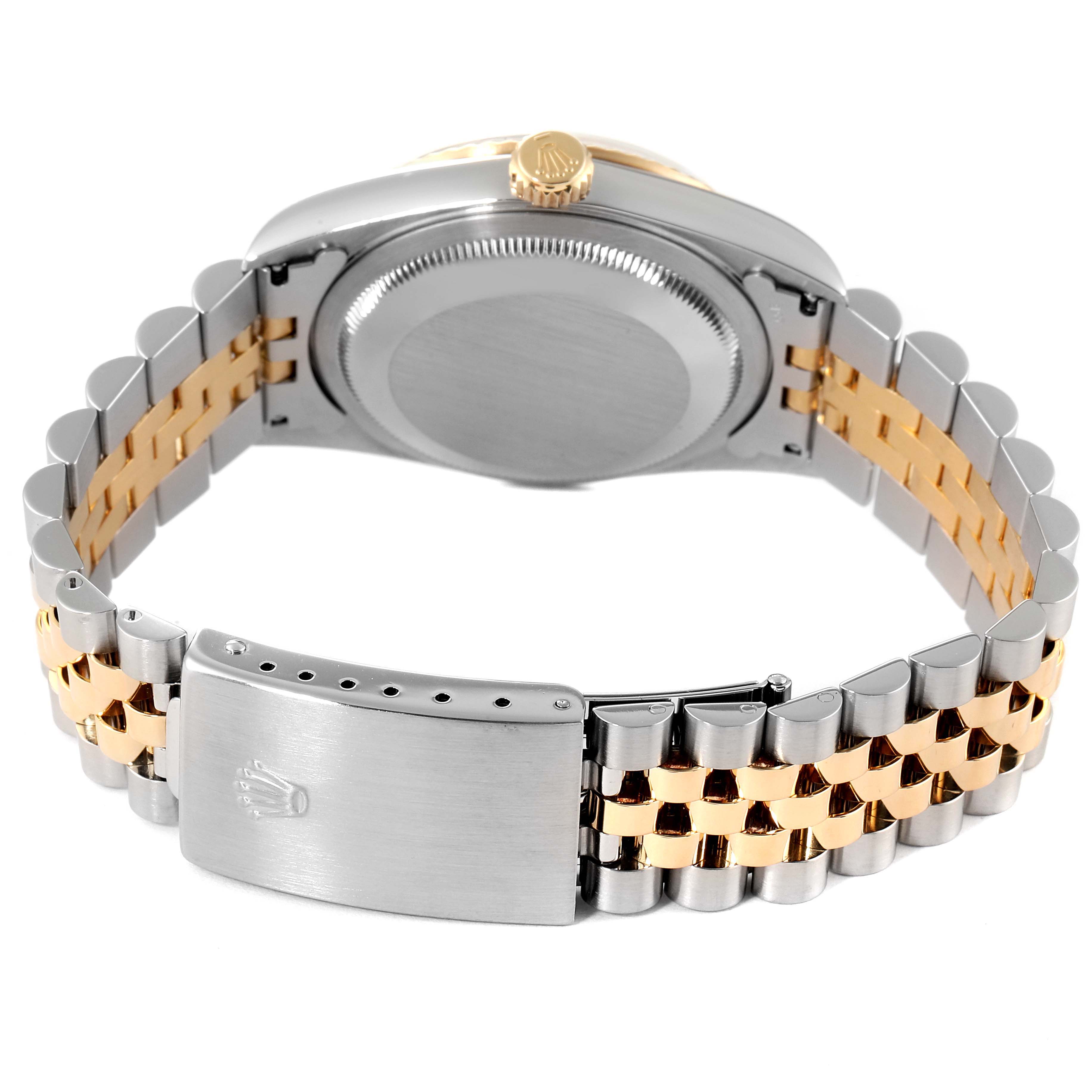 This image shows the back case, crown, and two-tone Jubilee bracelet of a Rolex Datejust 16233 Men's Steel and Gold (two tone) Mother of Pearl Dial 16233 Men's Steel and Gold (two tone) Mother of Pearl Dial watch.
