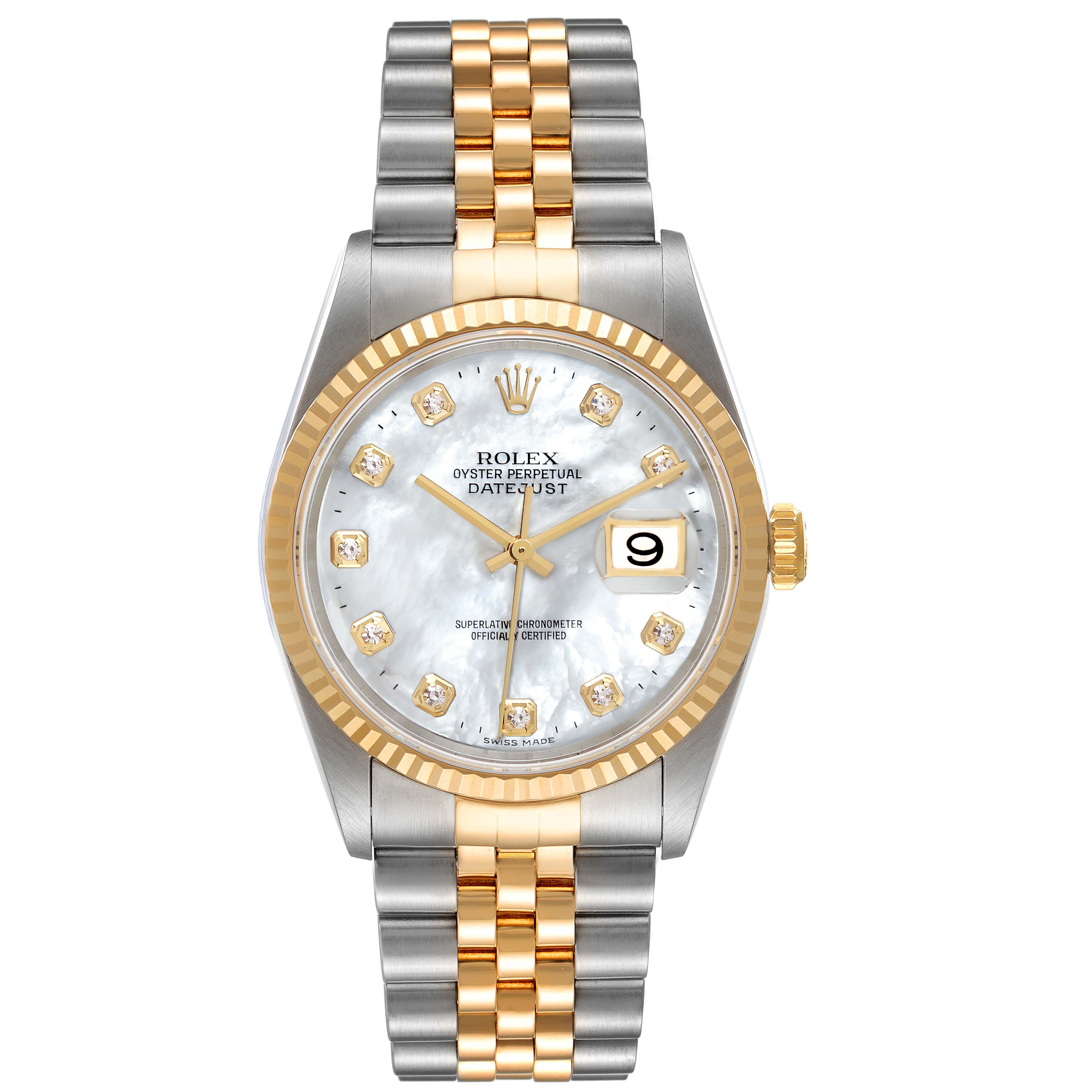 The Rolex Datejust 16233 Men's Steel and Gold (two tone) Mother of Pearl Dial 16233 Men's Steel and Gold (two tone) Mother of Pearl Dial watch is shown from the front, displaying the face, bezel, and bracelet.