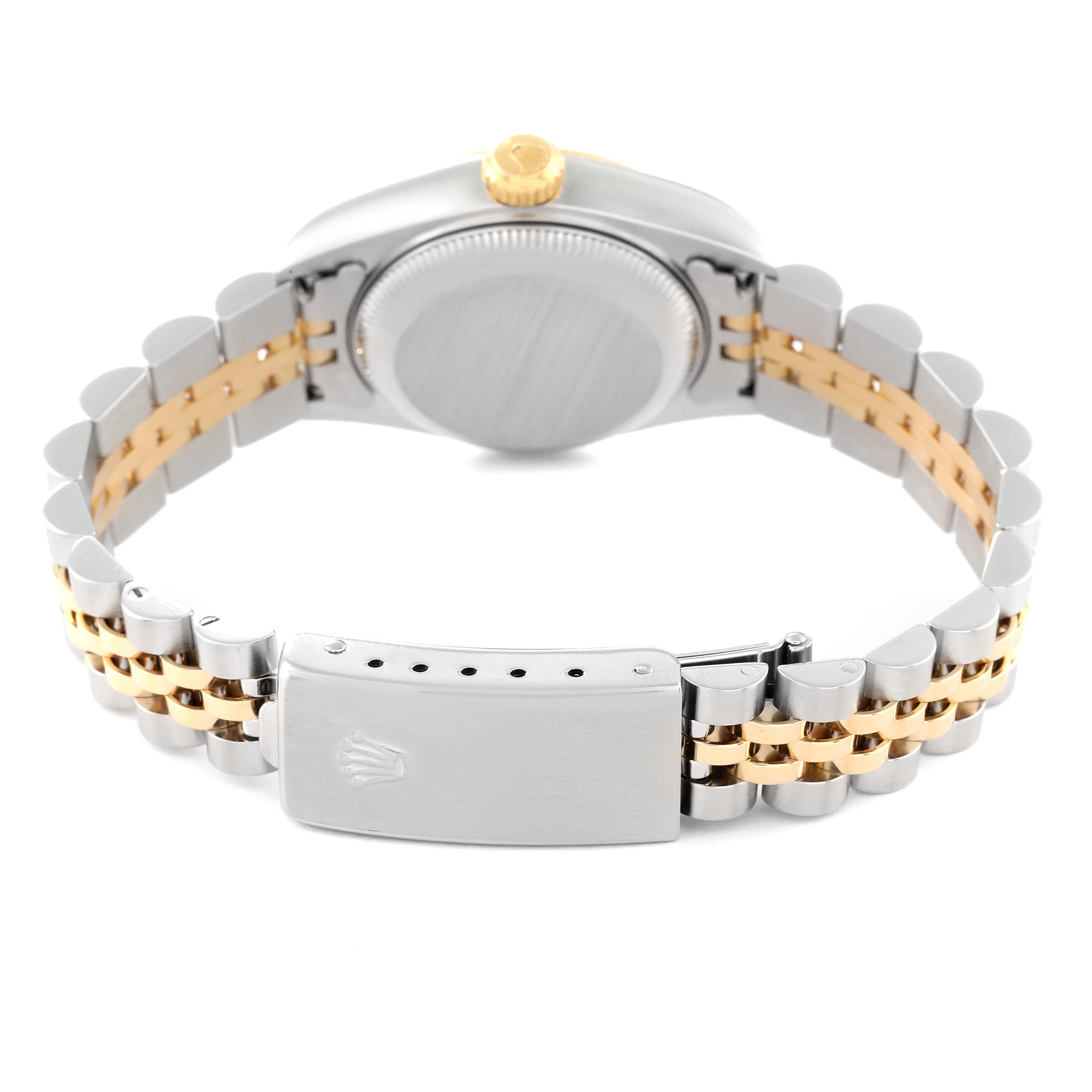 The image shows the back view of the Rolex Datejust 79173 Women's Steel and Gold (two tone) White Dial 79173 Women's Steel and Gold (two tone) White Dial watch, focusing on the clasp, bracelet, and case back.