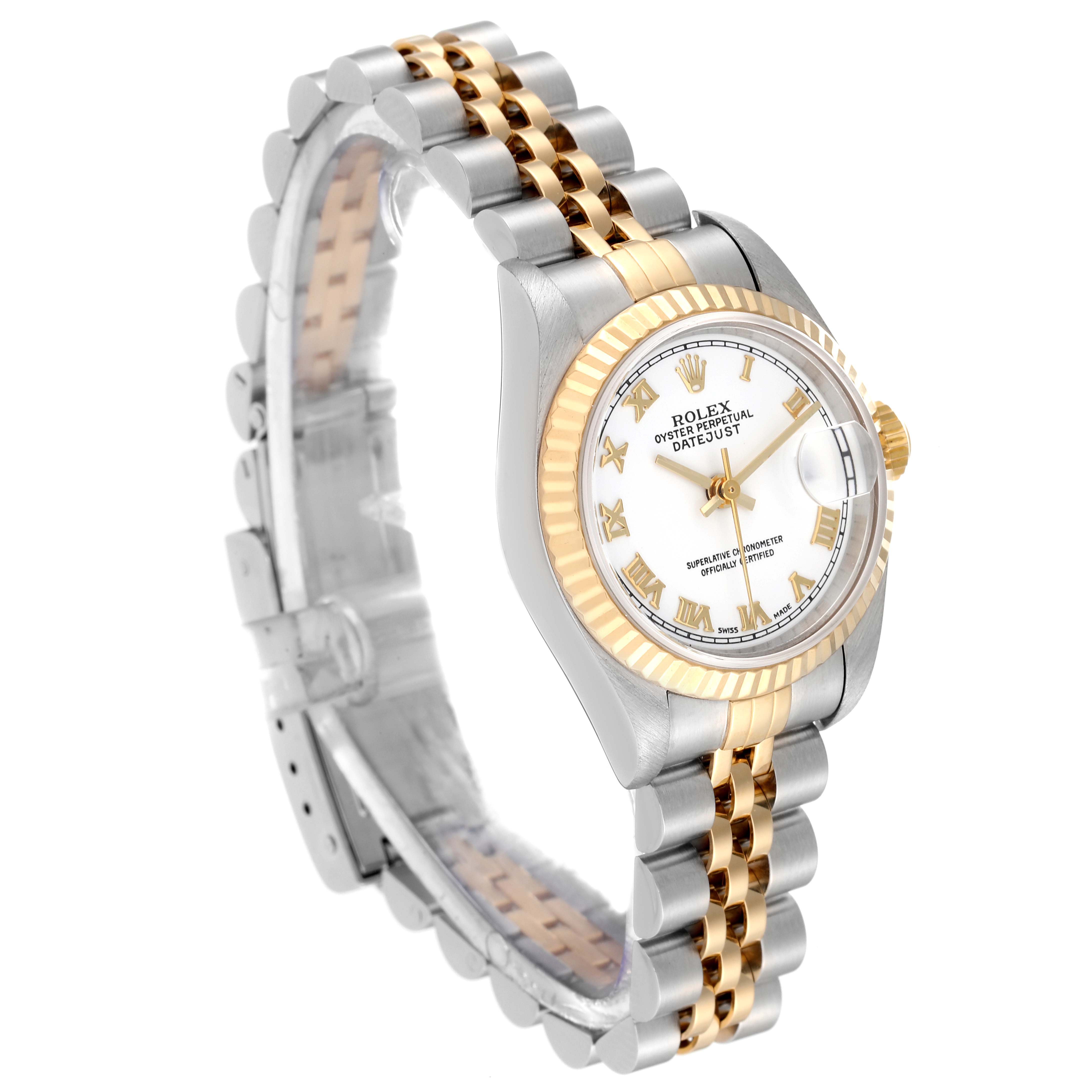 This Rolex Datejust 79173 Women's Steel and Gold (two tone) White Dial 79173 Women's Steel and Gold (two tone) White Dial watch is shown at a three-quarter angle, displaying its bezel, dial, and two-tone bracelet.