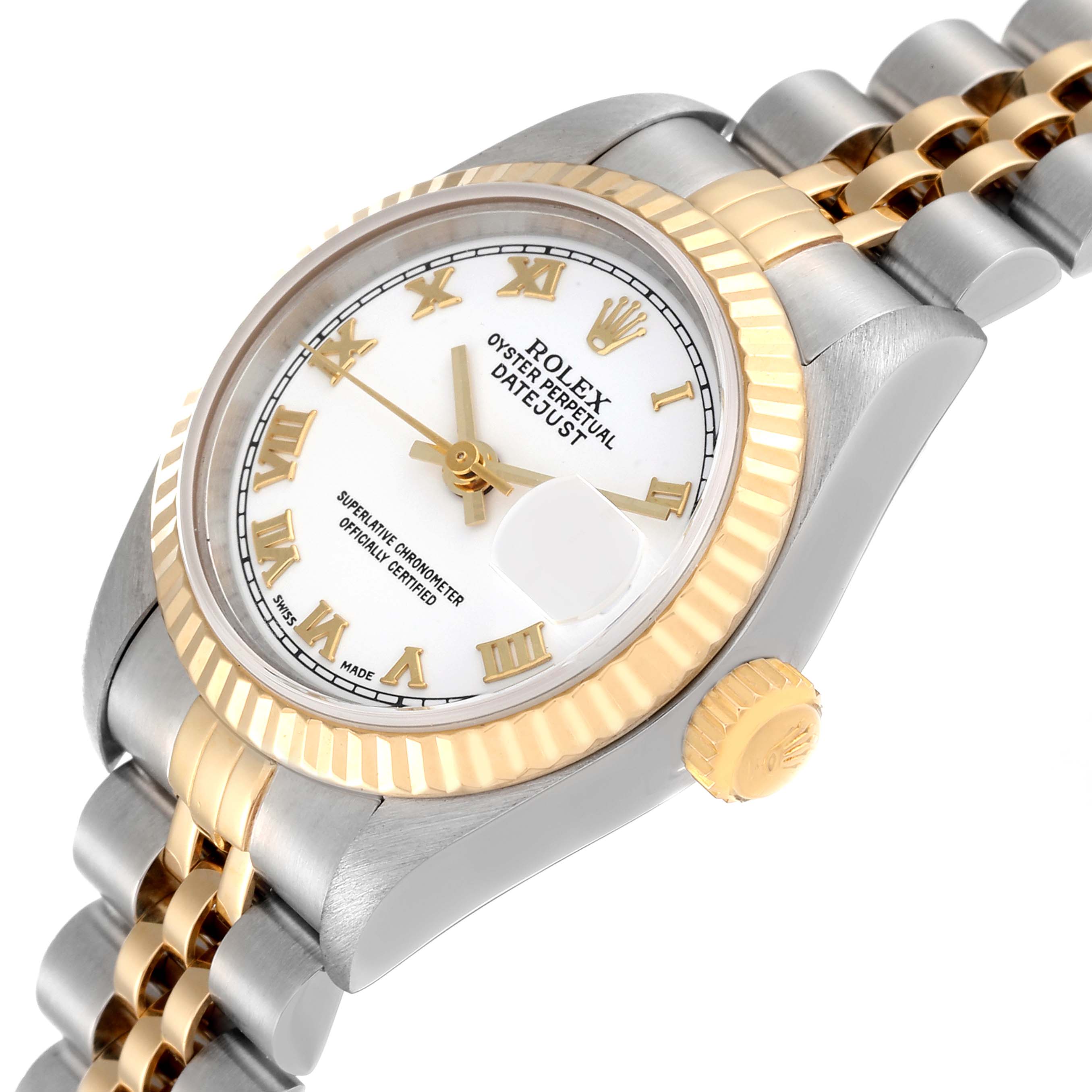The image shows a Rolex Datejust 79173 Women's Steel and Gold (two tone) White Dial 79173 Women's Steel and Gold (two tone) White Dial watch from a slight side angle, highlighting its two-tone bracelet, fluted bezel, and white dial.