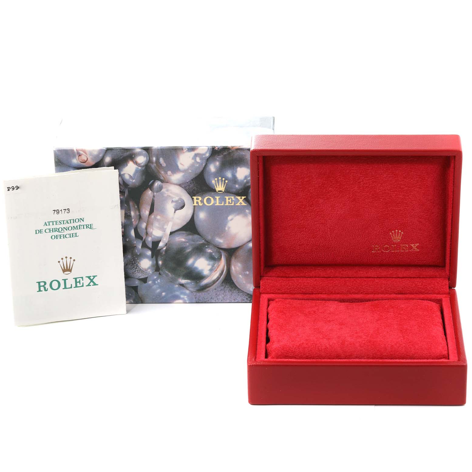 The image shows the packaging and certificate for a Rolex Datejust 79173 Women's Steel and Gold (two tone) White Dial 79173 Women's Steel and Gold (two tone) White Dial watch, including a red box and an authenticity booklet.