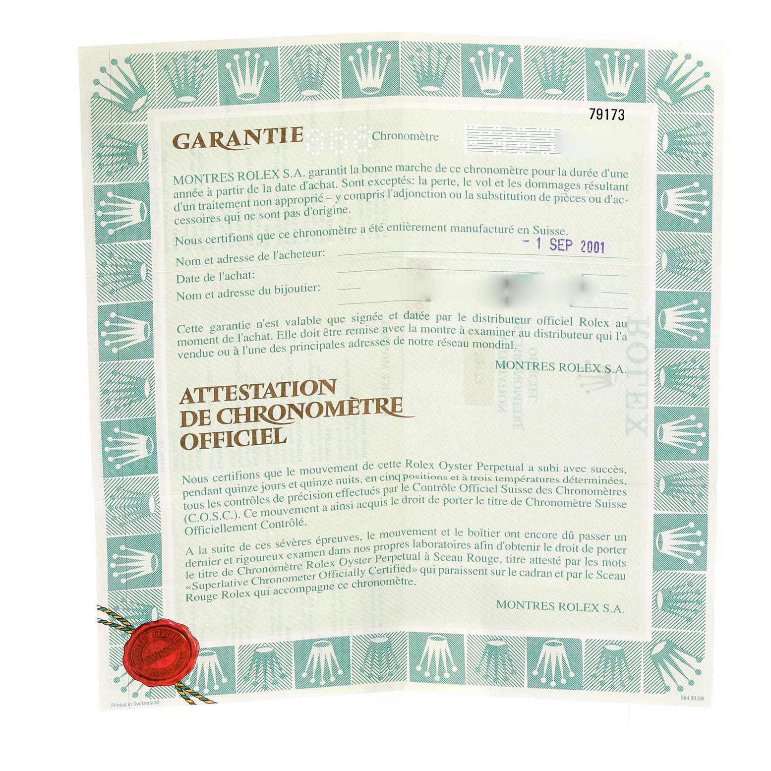 The image shows a Rolex Datejust 79173 Women's Steel and Gold (two tone) White Dial 79173 Women's Steel and Gold (two tone) White Dial warranty certificate with a green border and a red seal.