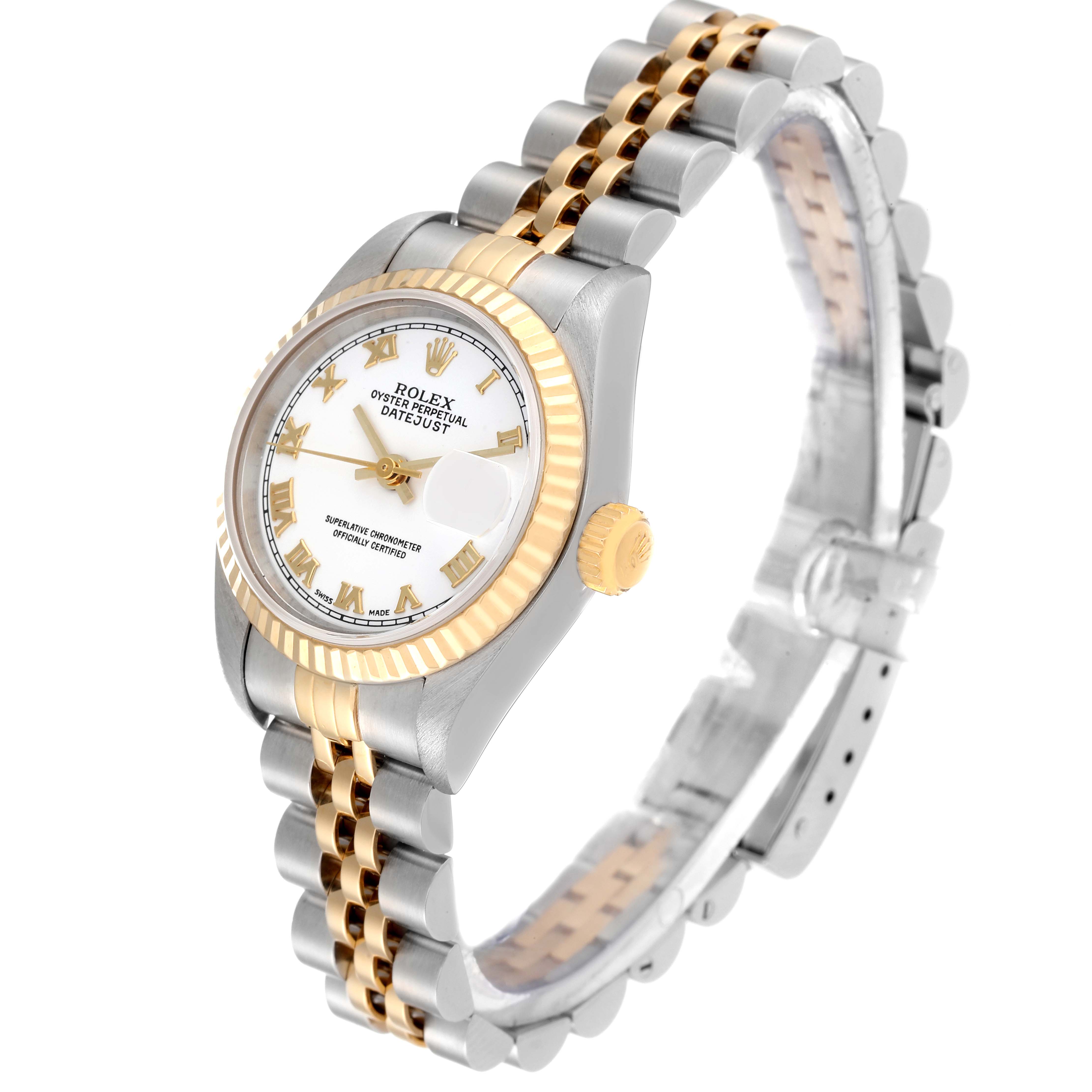This image shows a side view of a Rolex Datejust 79173 Women's Steel and Gold (two tone) White Dial 79173 Women's Steel and Gold (two tone) White Dial watch, emphasizing the face, bezel, and two-tone bracelet.