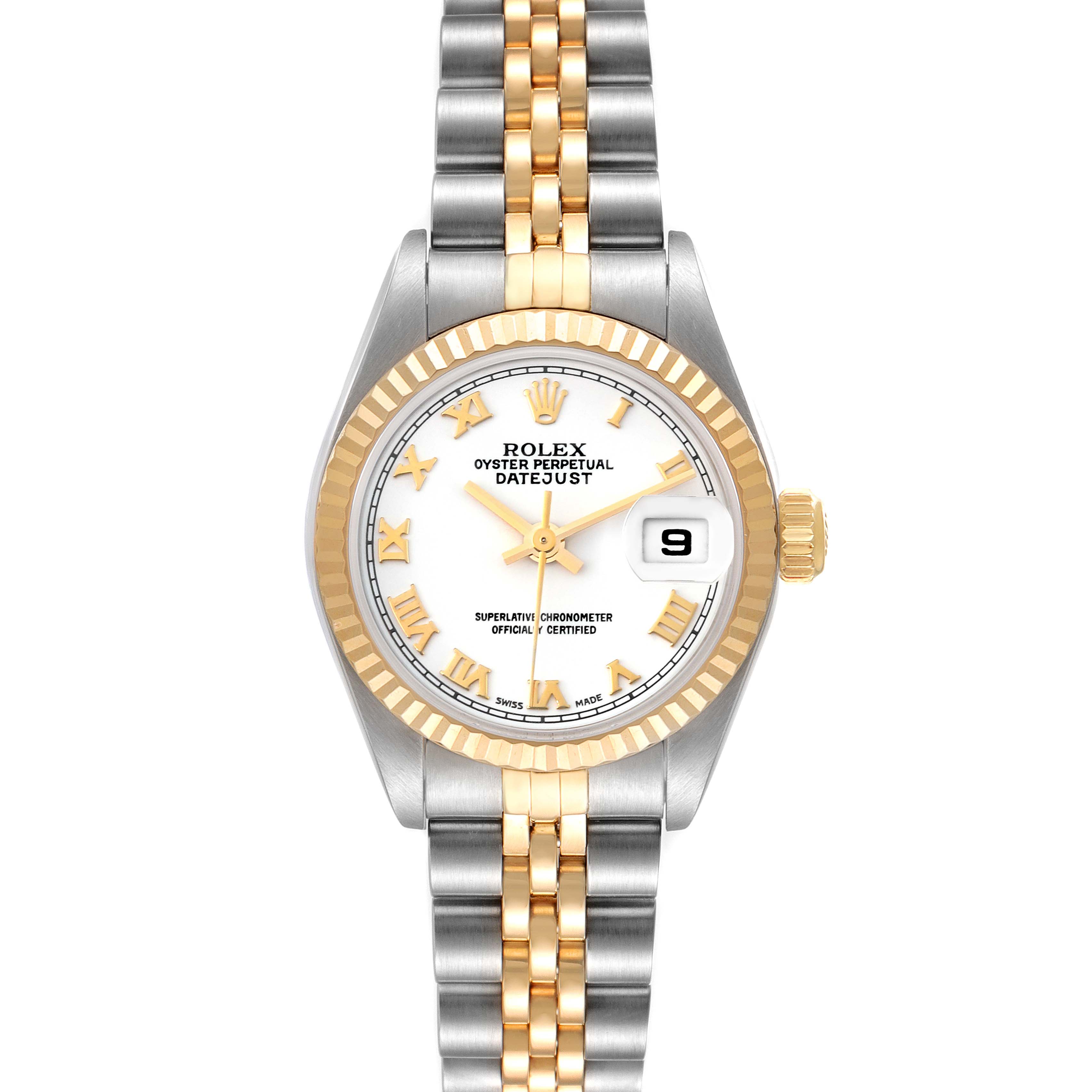 This Rolex Datejust 79173 Women's Steel and Gold (two tone) White Dial 79173 Women's Steel and Gold (two tone) White Dial watch is shown from a top-down angle, displaying its face, bezel, and bracelet.