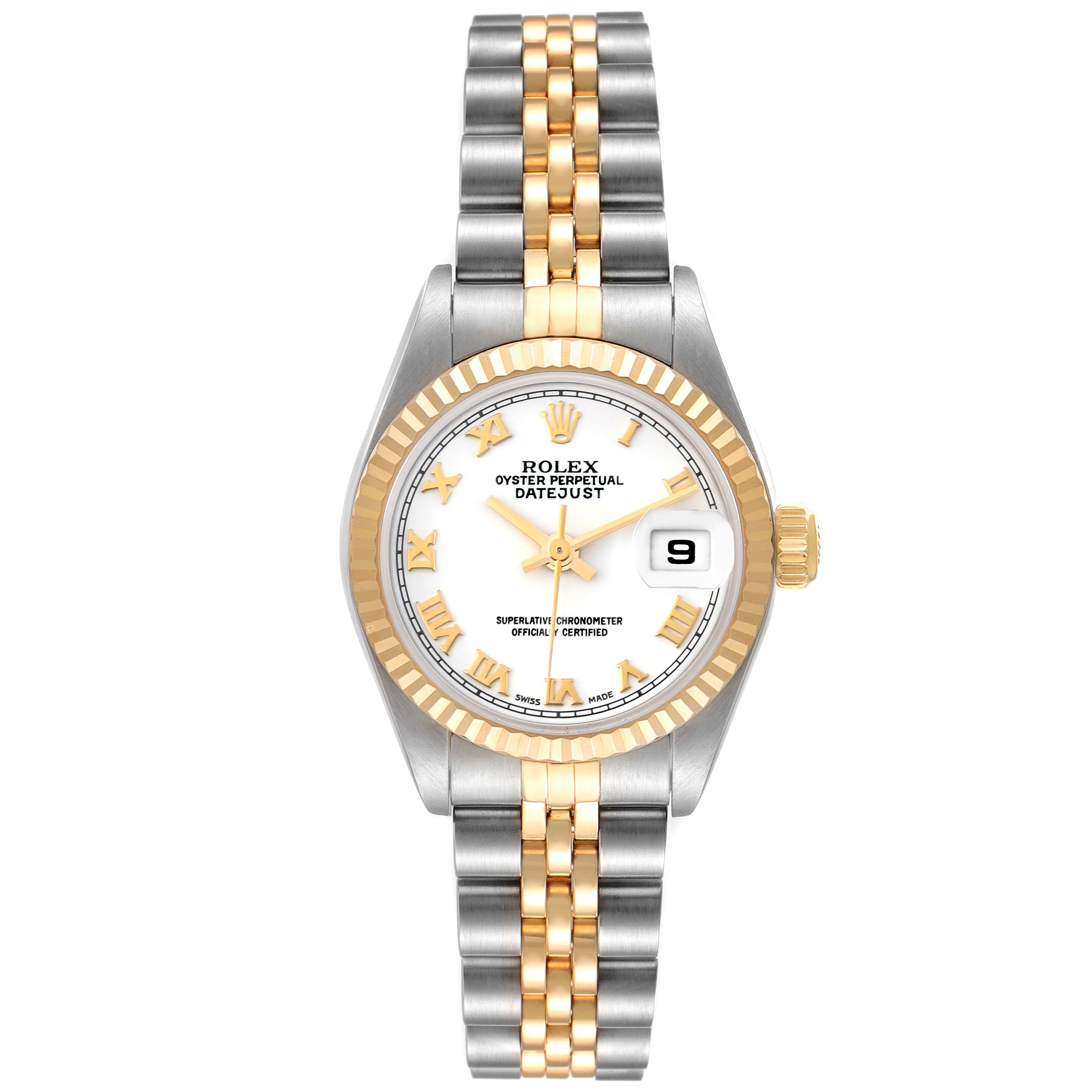 This image shows a front view of a Rolex Datejust 79173 Women's Steel and Gold (two tone) White Dial 79173 Women's Steel and Gold (two tone) White Dial watch, displaying the face, bezel, crown, and bracelet.