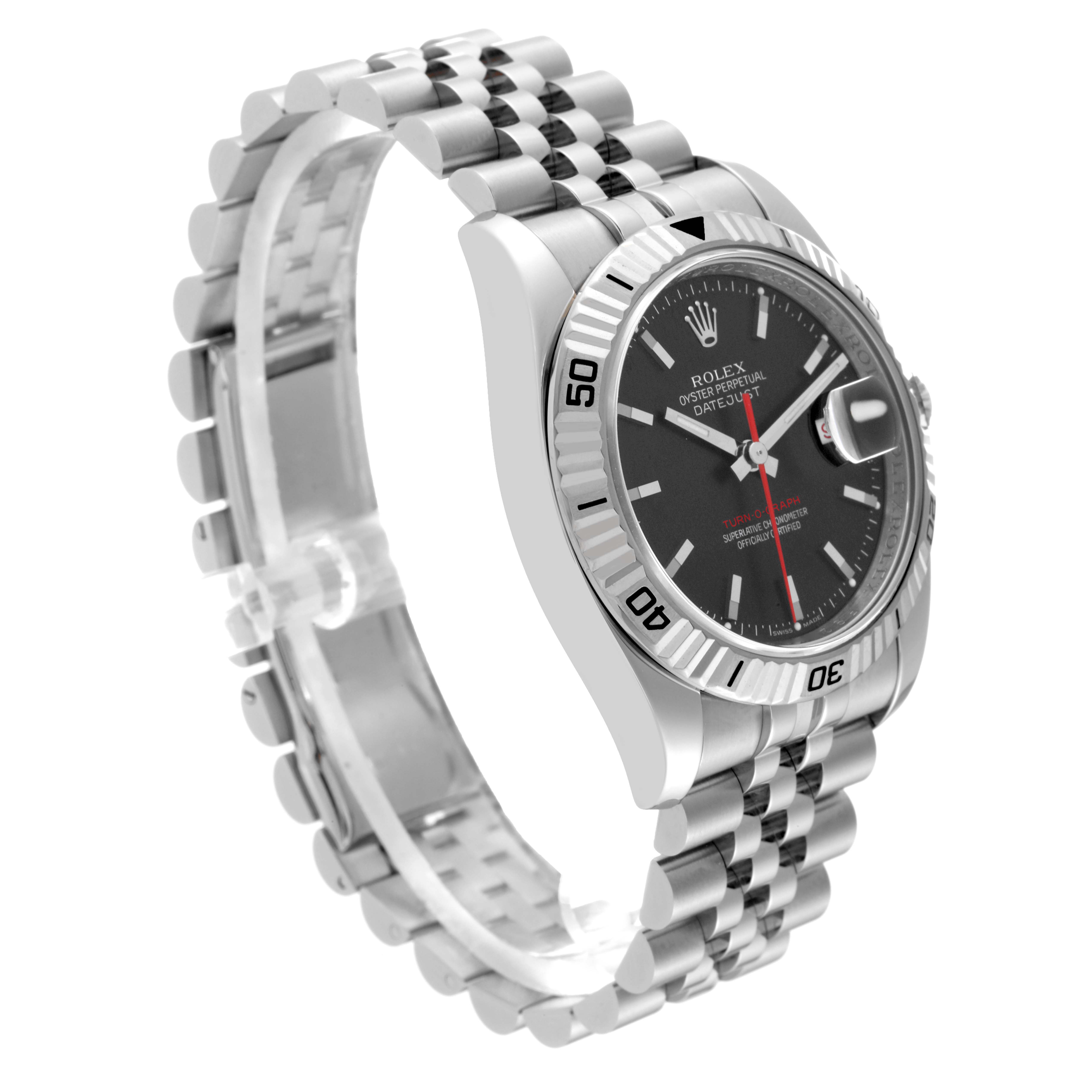 The Rolex Turn-o-Graph 116264 Men's Stainless Steel Black Dial 116264 Men's Stainless Steel Black Dial model is shown at a slight angle, highlighting its bracelet, bezel, and dial.