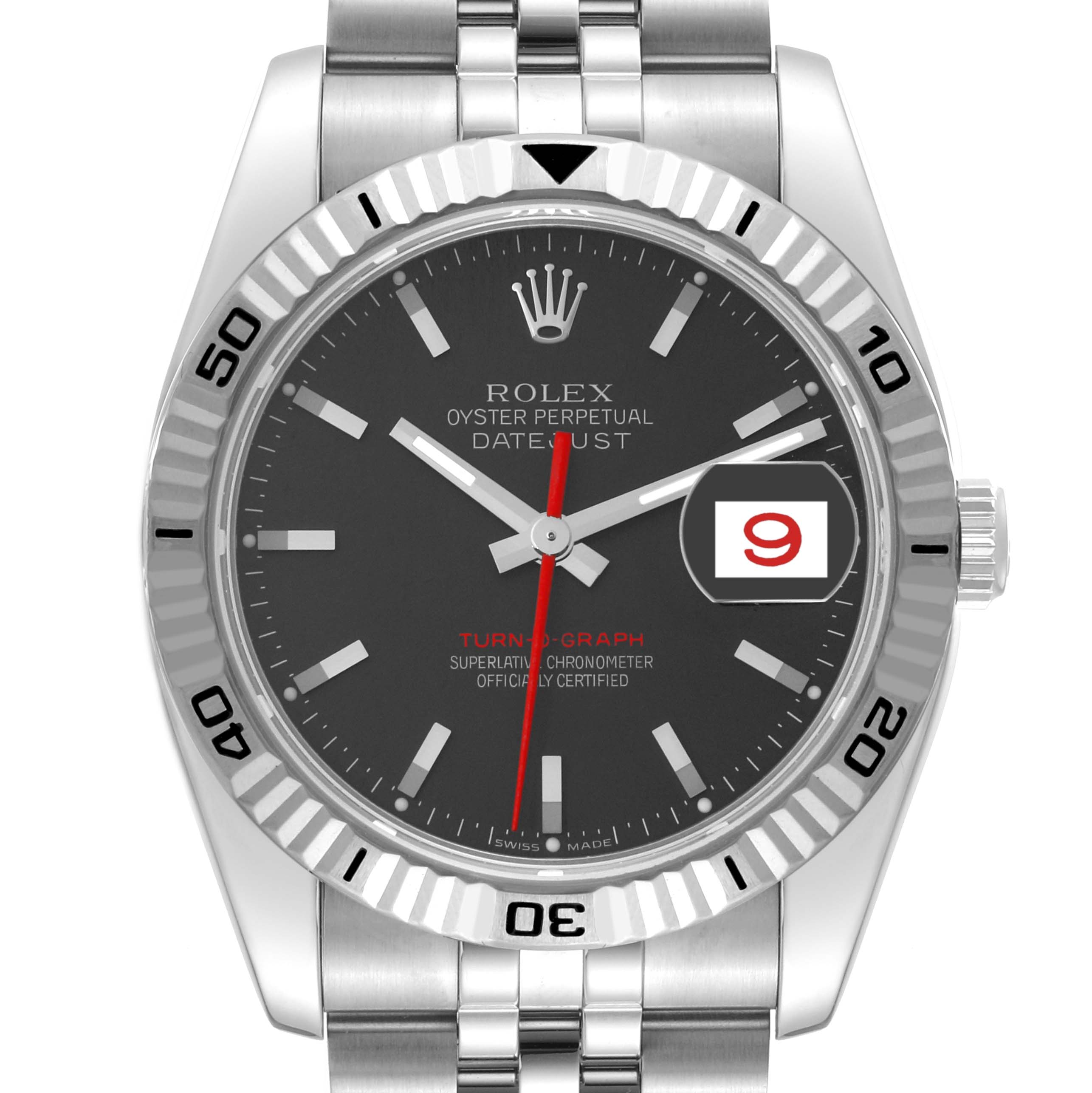 The image shows a front view of the Rolex Turn-o-Graph 116264 Men's Stainless Steel Black Dial 116264 Men's Stainless Steel Black Dial watch, highlighting its face, bezel, and bracelet.