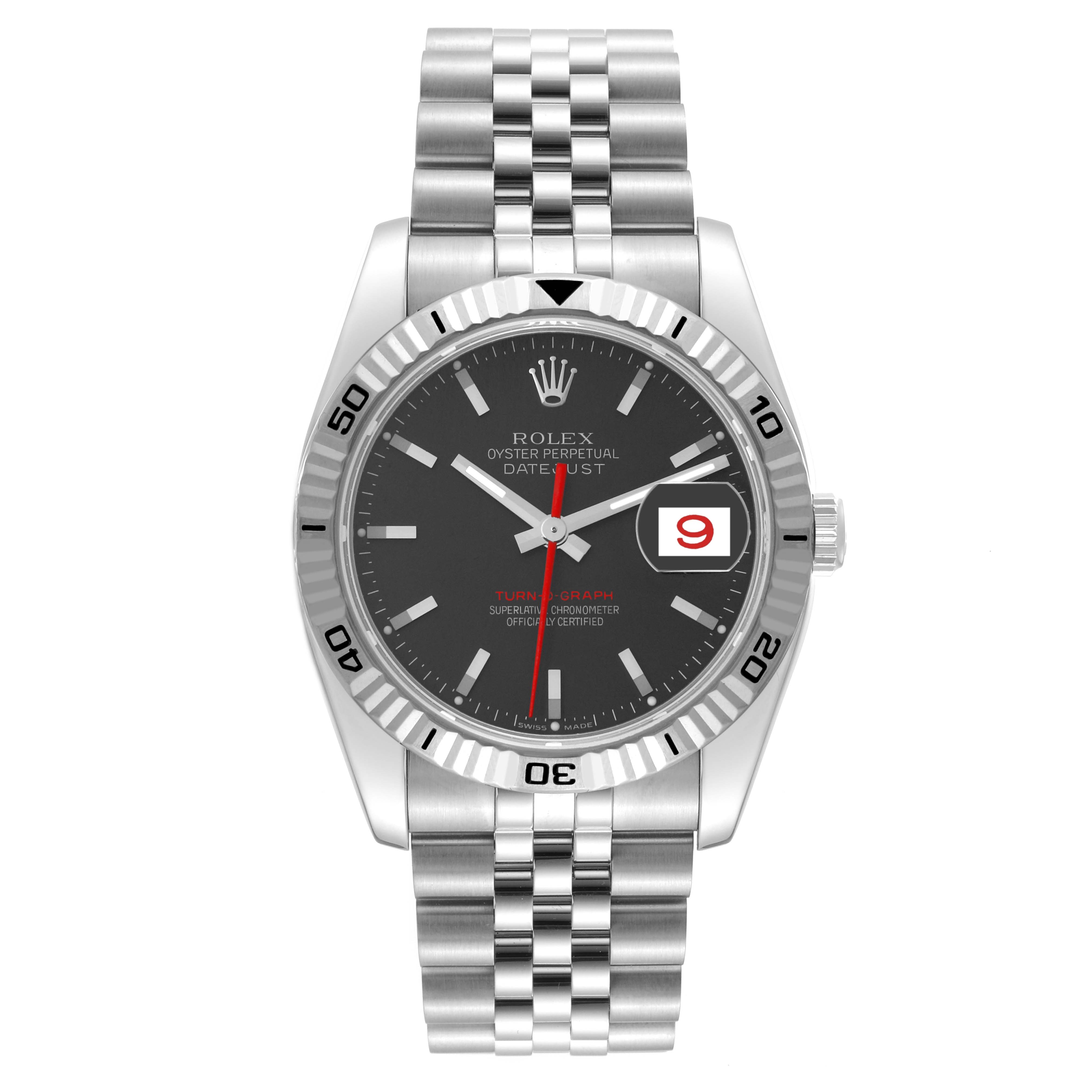 This image shows a front view of a Rolex Turn-o-Graph 116264 Men's Stainless Steel Black Dial 116264 Men's Stainless Steel Black Dial Datejust watch with a silver bracelet, black dial, and date display.