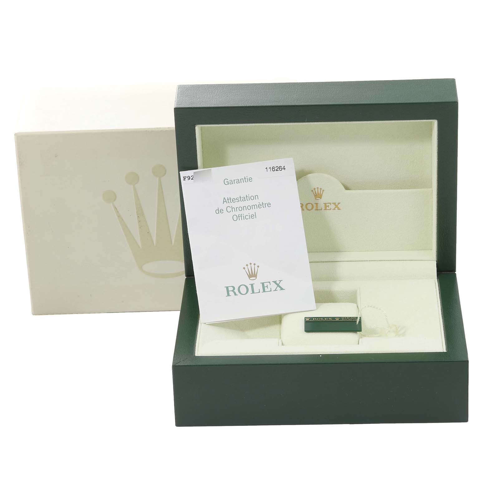 The image shows a packaging box for the Rolex Turn-o-Graph 116264 Men's Stainless Steel Black Dial 116264 Men's Stainless Steel Black Dial model, including the warranty card and official chronometer certification.