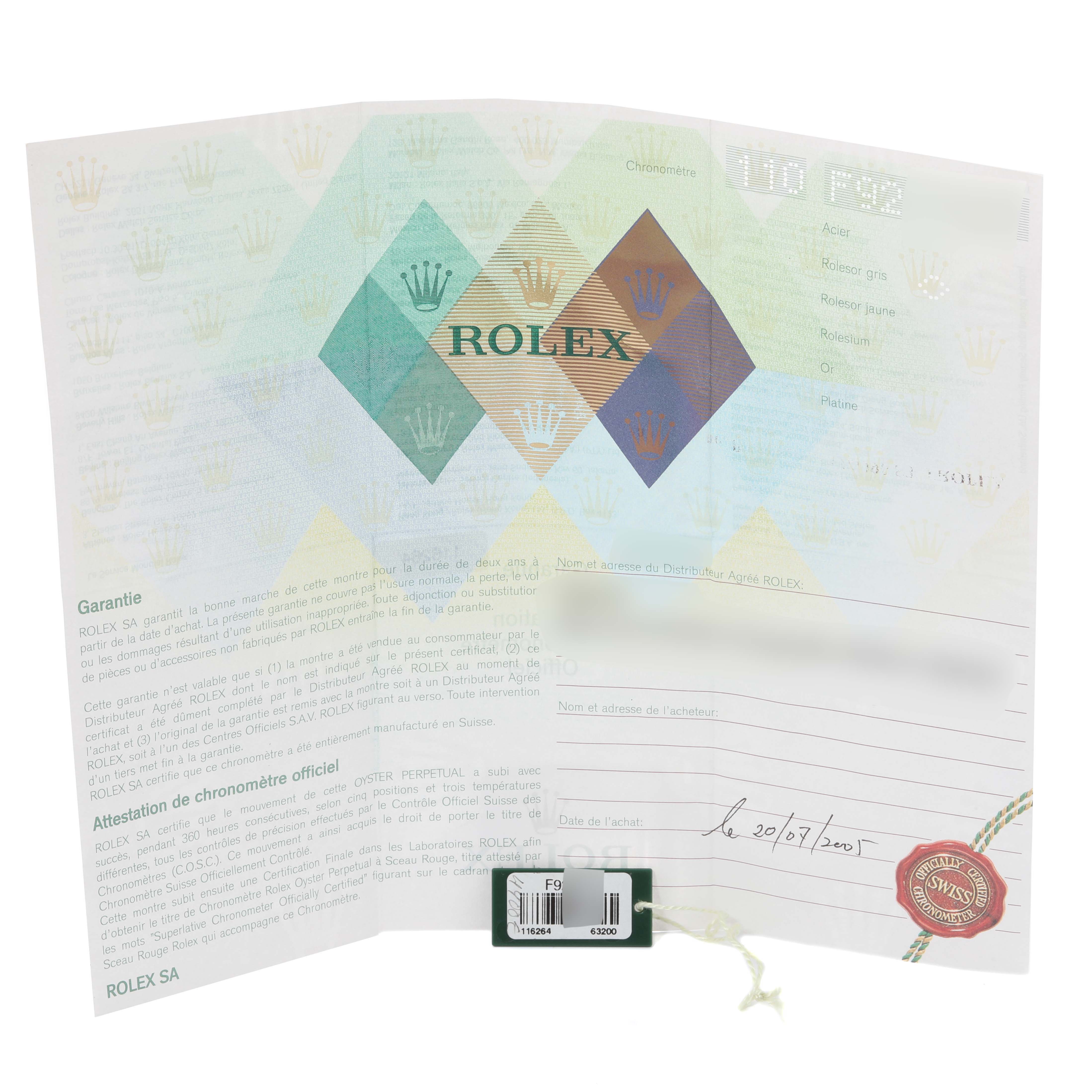 The image shows the warranty and certification documents for a Rolex Turn-o-Graph 116264 Men's Stainless Steel Black Dial 116264 Men's Stainless Steel Black Dial watch.