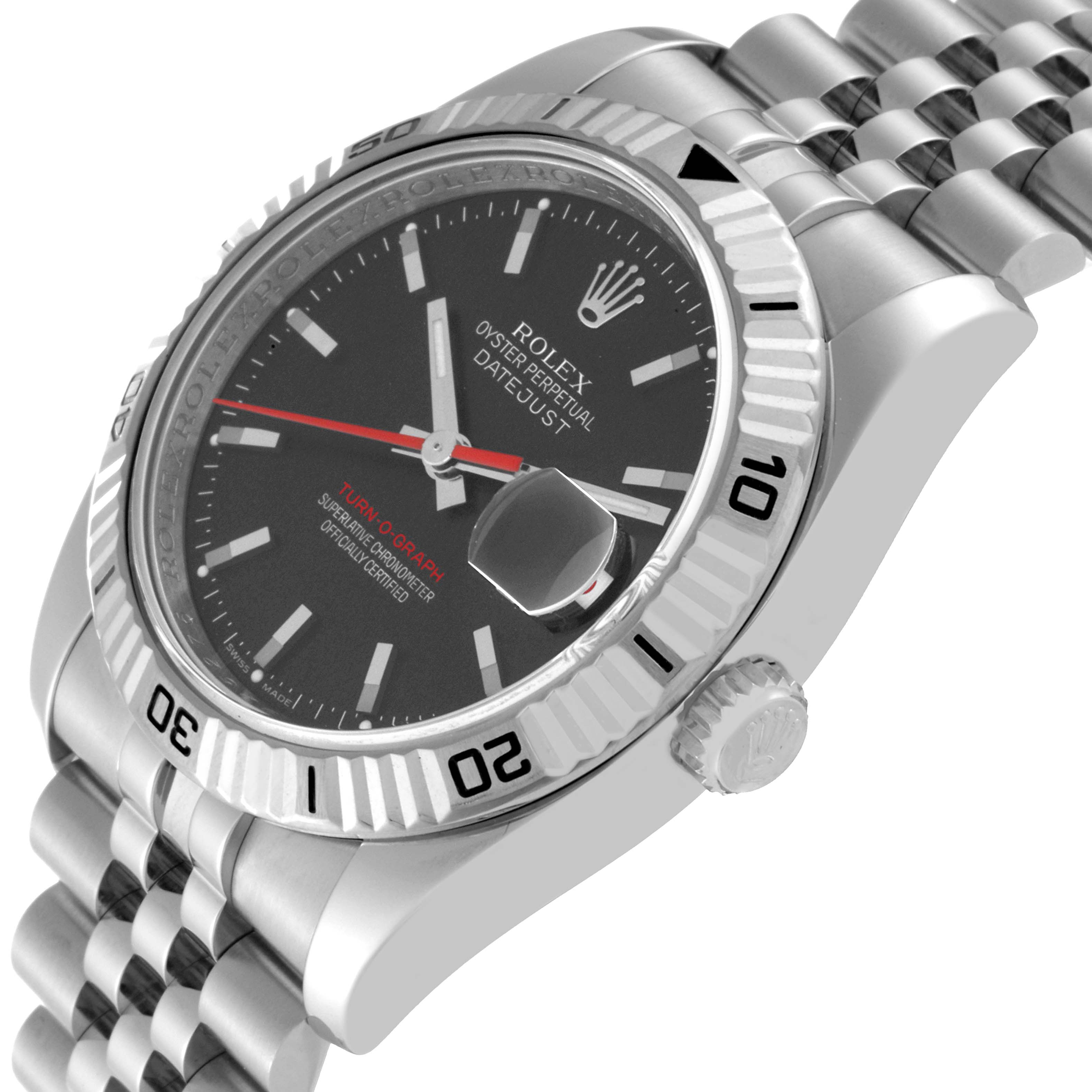 The image shows a close-up angled view of the Rolex Turn-o-Graph 116264 Men's Stainless Steel Black Dial 116264 Men's Stainless Steel Black Dial watch, highlighting the bezel, crown, and bracelet.