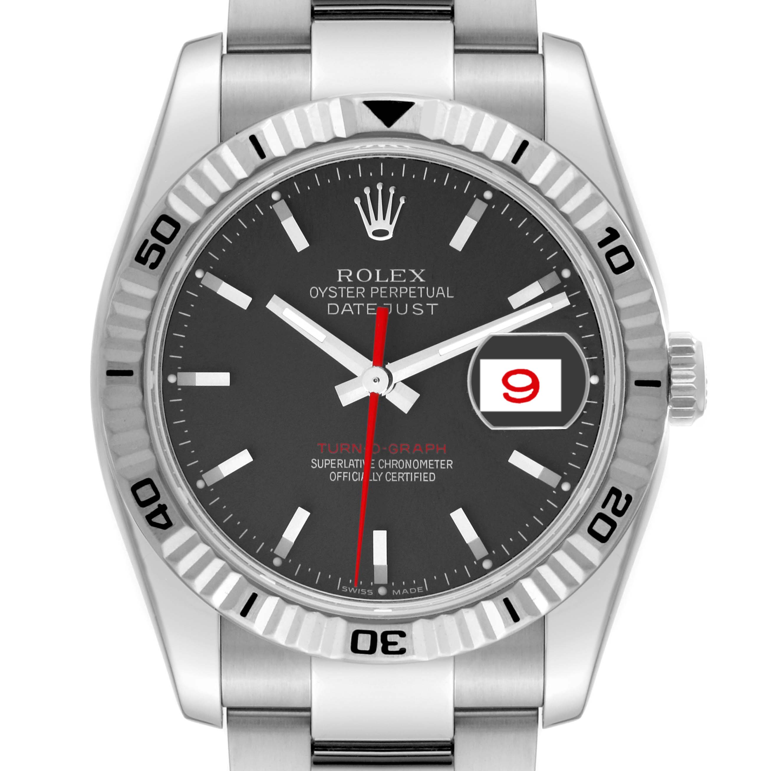 This image shows a front view of the Rolex Turn-o-Graph 116264 Men's Stainless Steel Black Dial 116264 Men's Stainless Steel Black Dial watch, highlighting its bezel, dial, and bracelet.