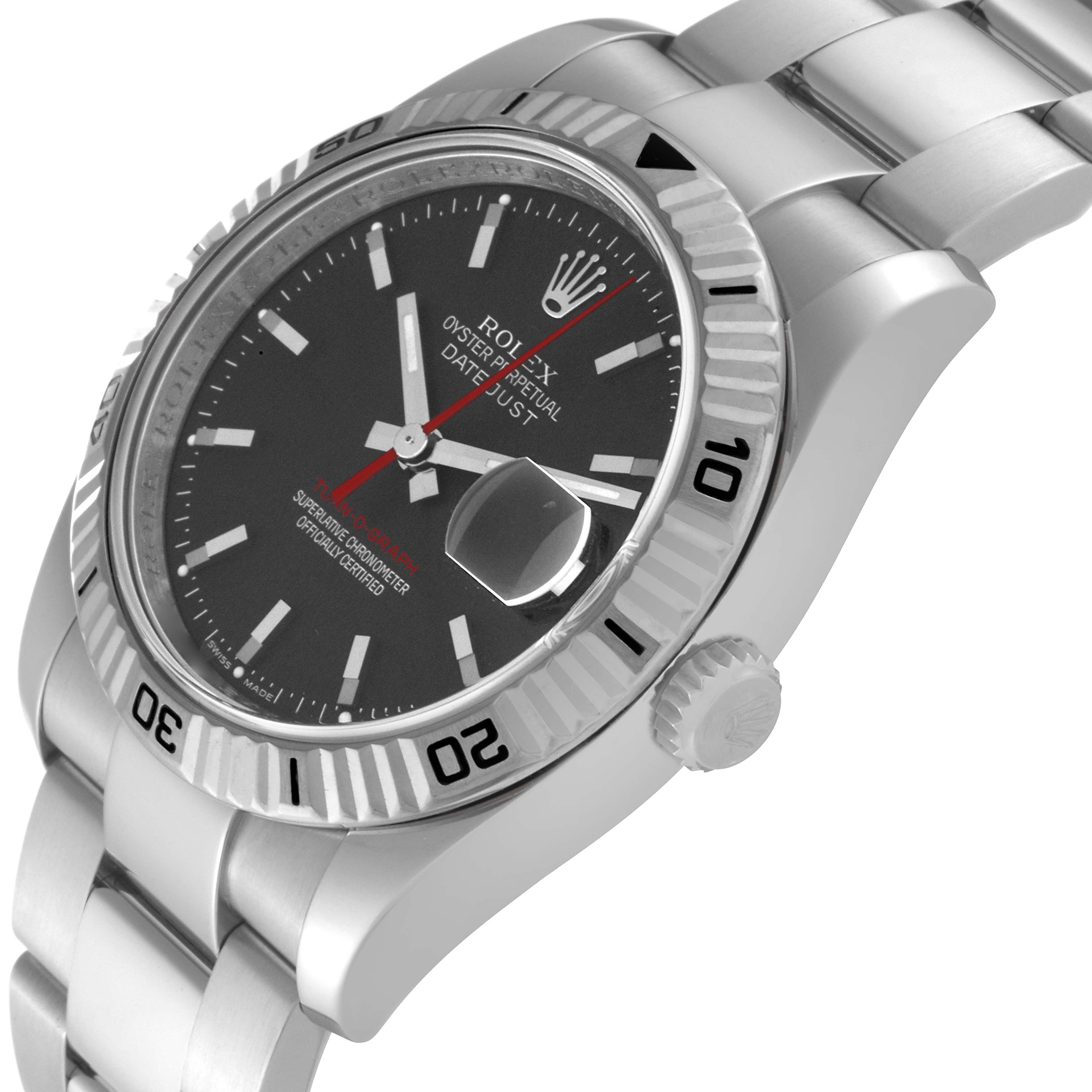 This image shows a side-angle view of a Rolex Turn-o-Graph 116264 Men's Stainless Steel Black Dial 116264 Men's Stainless Steel Black Dial watch, highlighting its bezel, dial, crown, and bracelet.