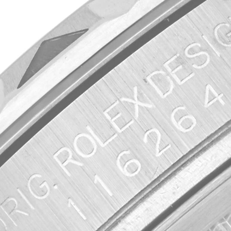 Image shows a close-up of the engraved case back of a Rolex Turn-o-Graph 116264 Men's Stainless Steel Black Dial 116264 Men's Stainless Steel Black Dial watch.