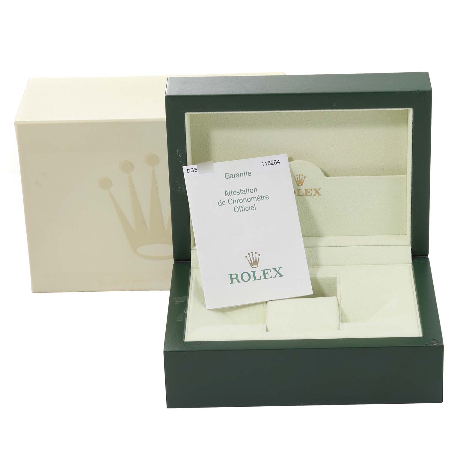 The image shows a green Rolex box for the Turn-o-Graph model, along with the warranty card and inner beige cushion.