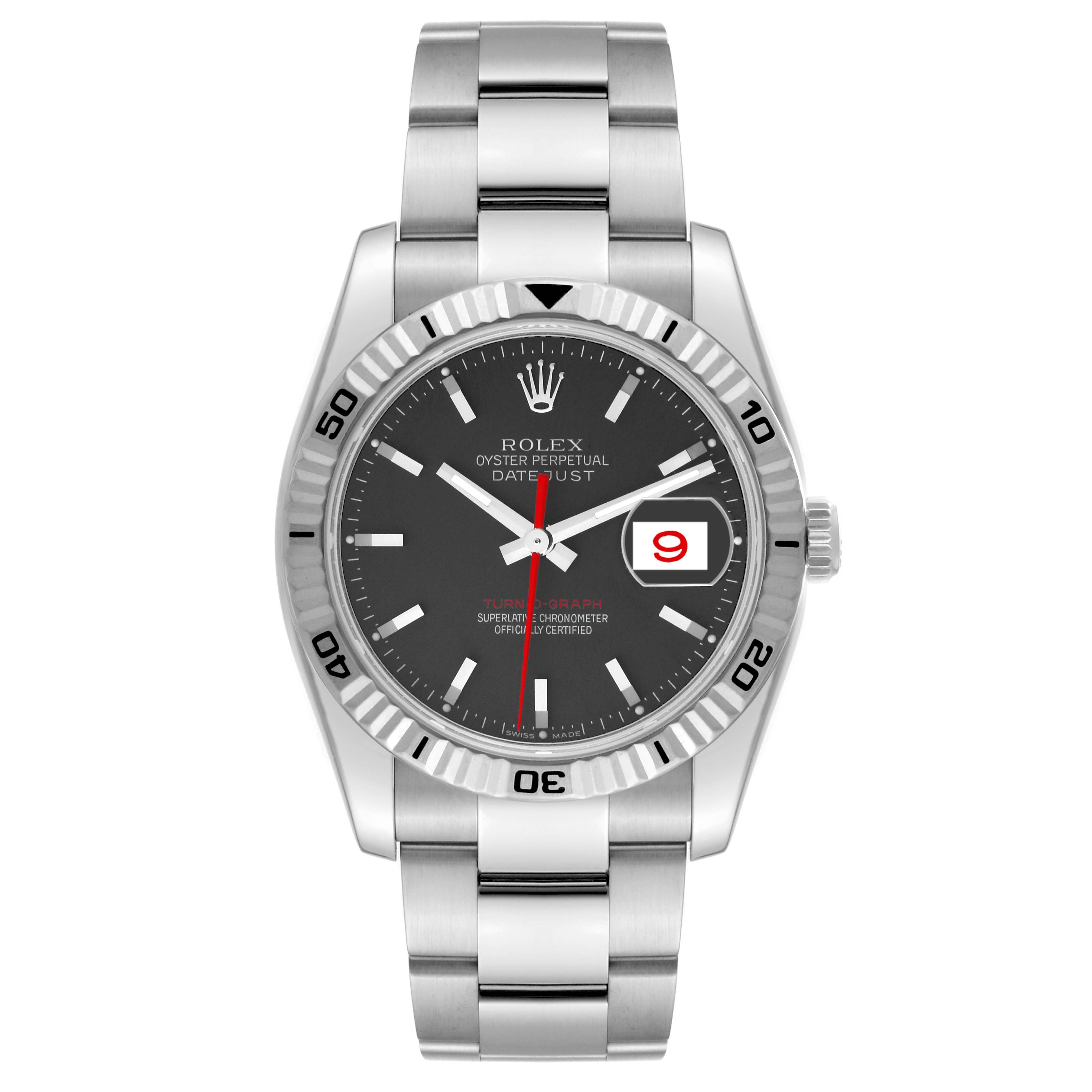The image shows a front view of a Rolex Turn-o-Graph 116264 Men's Stainless Steel Black Dial 116264 Men's Stainless Steel Black Dial watch, displaying its face, bezel, dial, and bracelet.