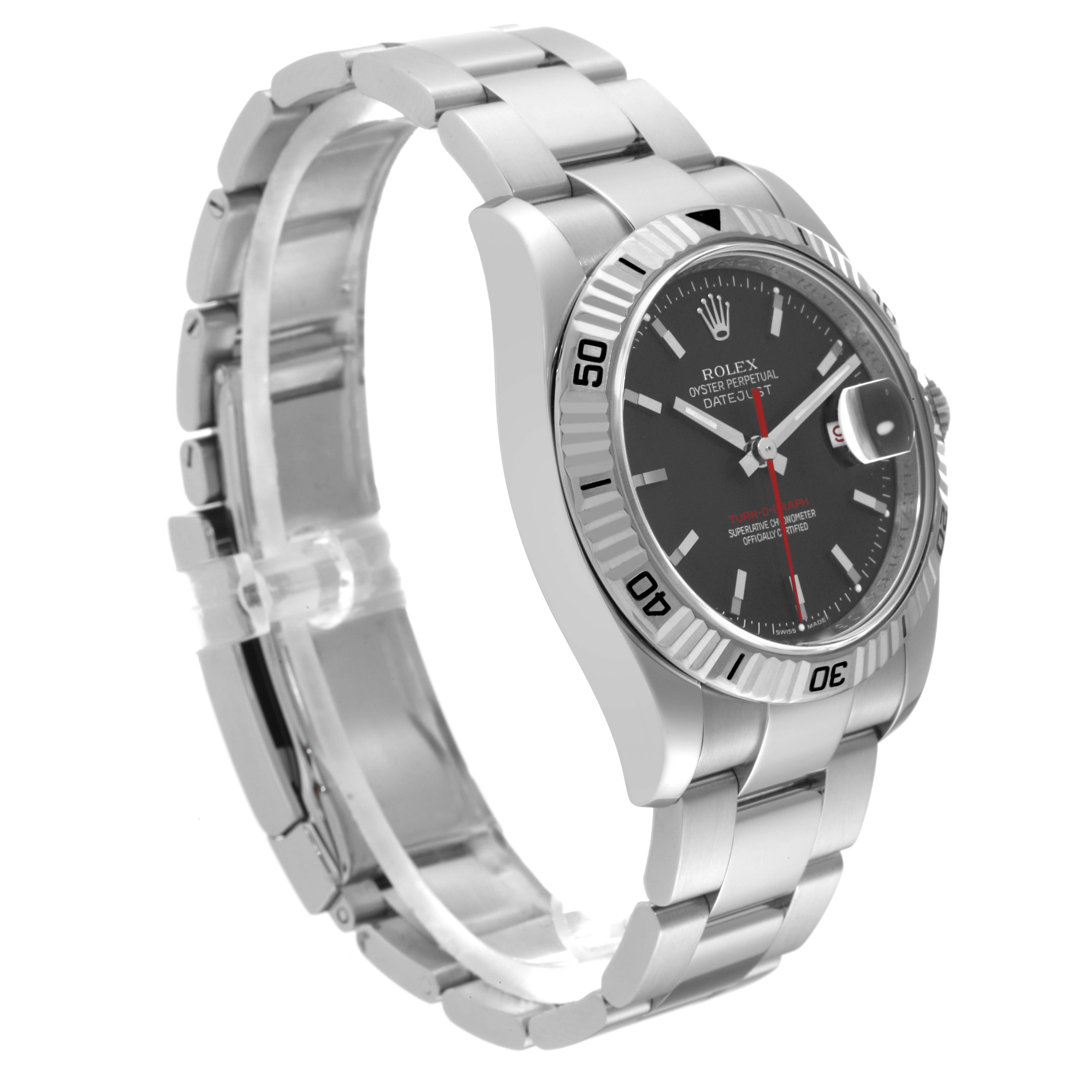This image shows a side angle of the Rolex Turn-o-Graph 116264 Men's Stainless Steel Black Dial 116264 Men's Stainless Steel Black Dial watch, focusing on the face, bezel, and bracelet details.